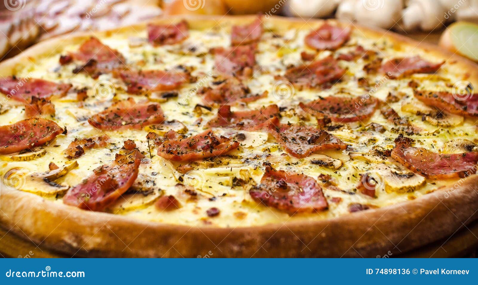 Pizza Carbonara with bacon stock photo. Image of sauce 74898136