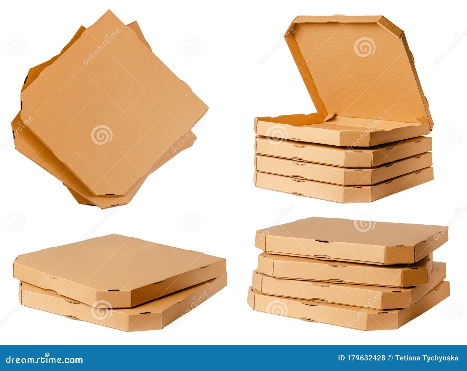 Pizza Cardboard Boxes Collection Isolated on White Stock Photo Image