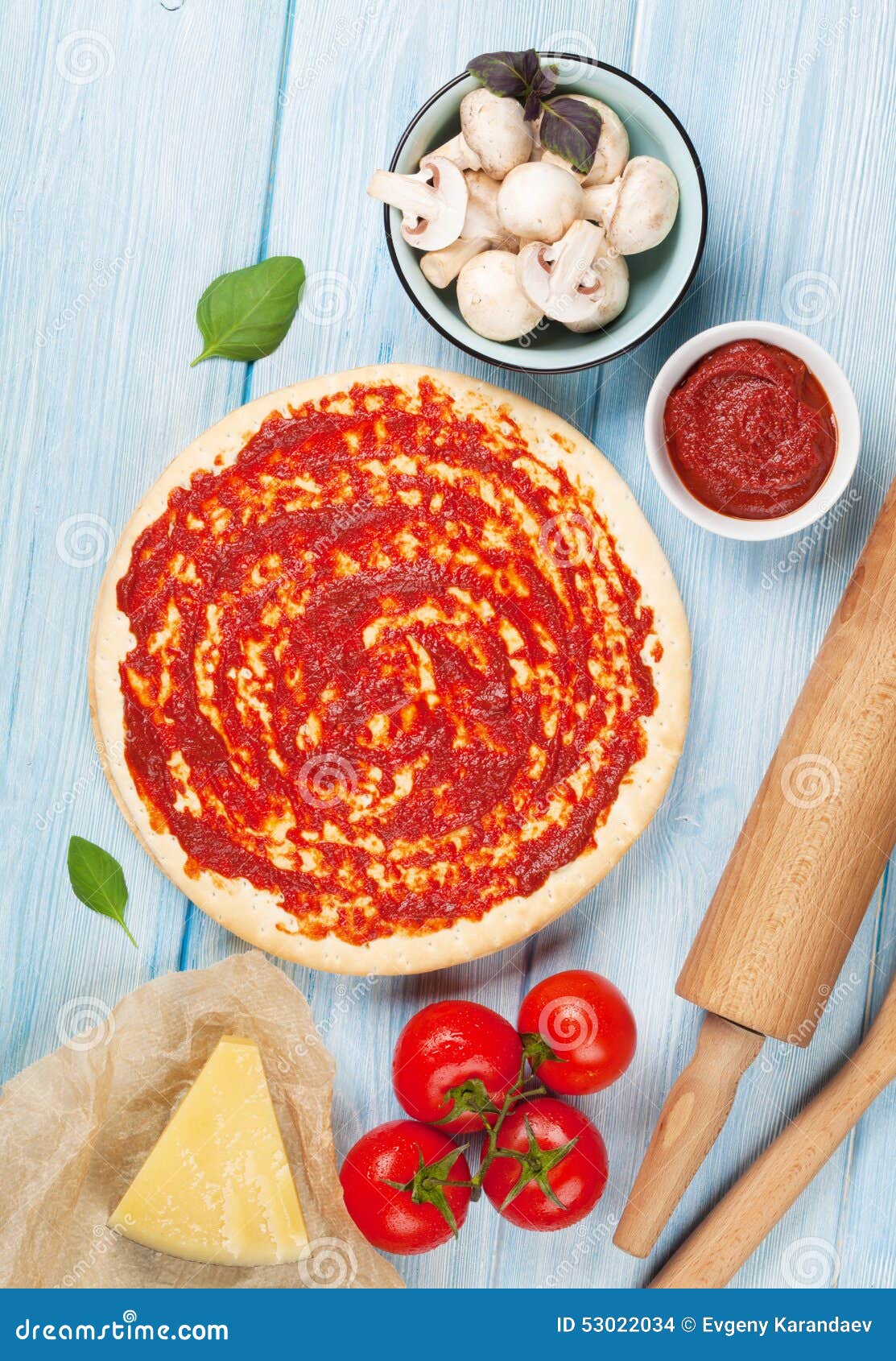 Pizza cooking ingredients stock photo. Image of basil 53022034