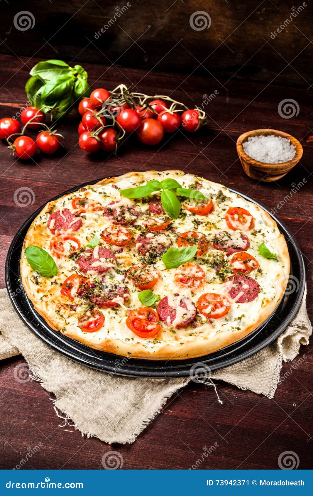 Pizza with Cream Cheese Tomato and Salami Stock Image Image of