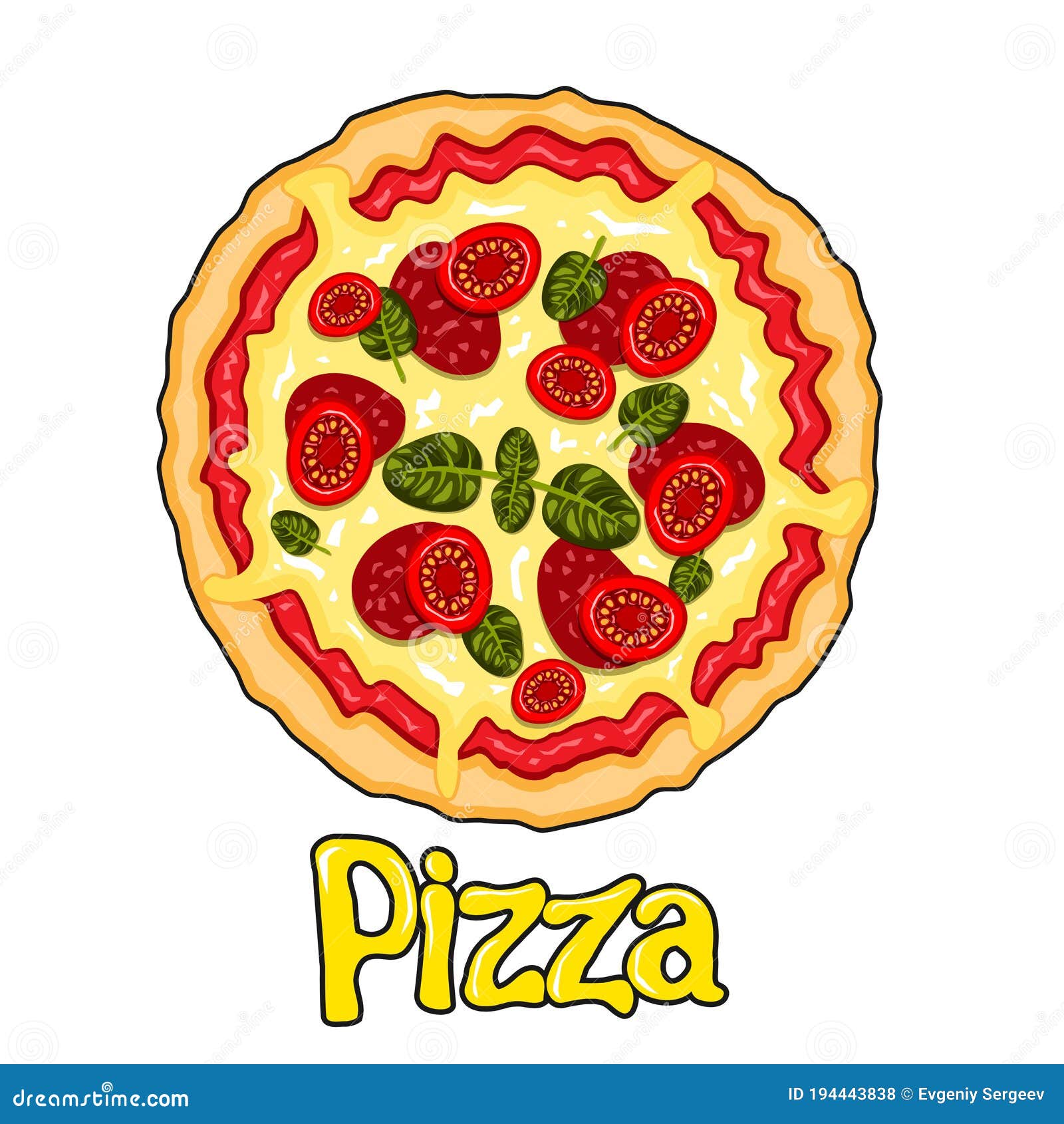 Pizza De Dibujos Animados Redondeada Con Tomates Salchicha De Queso Sobre  Un Fondo Blanco Aislado. Imagen Vectorial Ilustración del Vector -  Ilustración de salchicha, bocado: 194443838