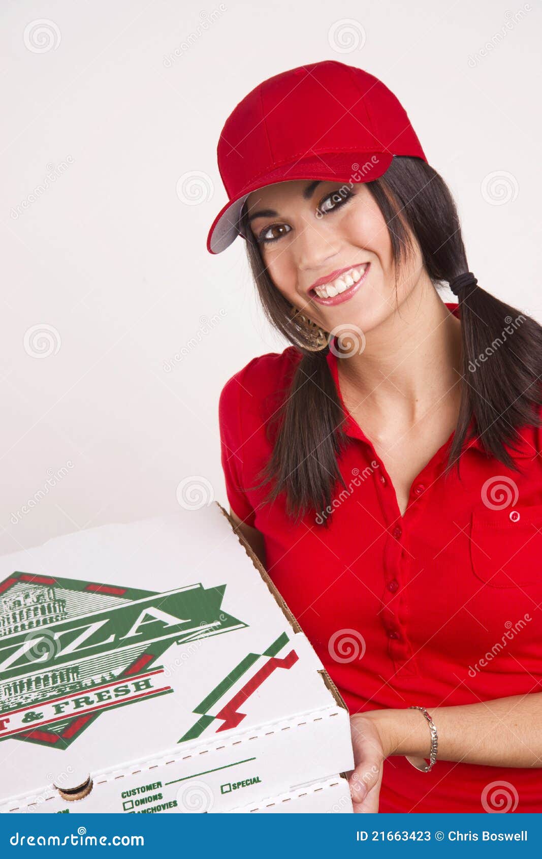 Driver Red Uniform Brings Food Pizza Delivery Stock Image Image of