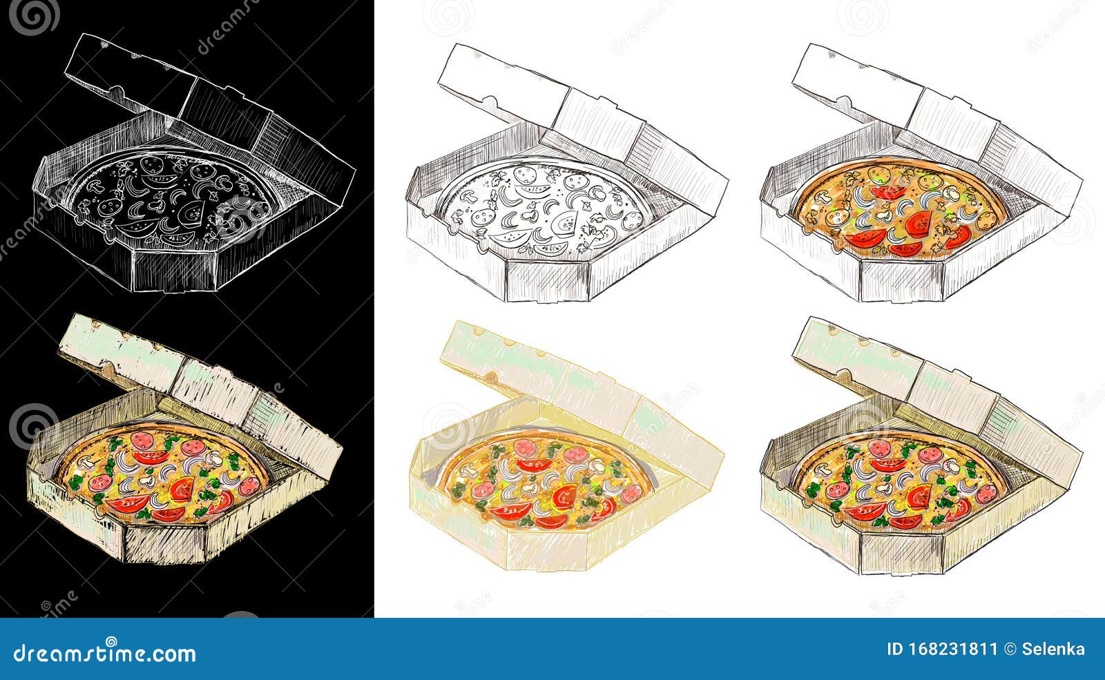 pizza in delivery box, set graphic sketch 
