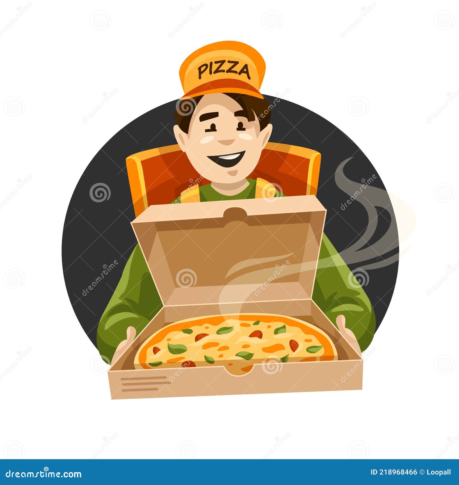 Pizza Delivery Courier Box. Cartoon Character Pizzeria Order. Illustration.  Stock Vector - Illustration of destination, deliveryman: 218968466