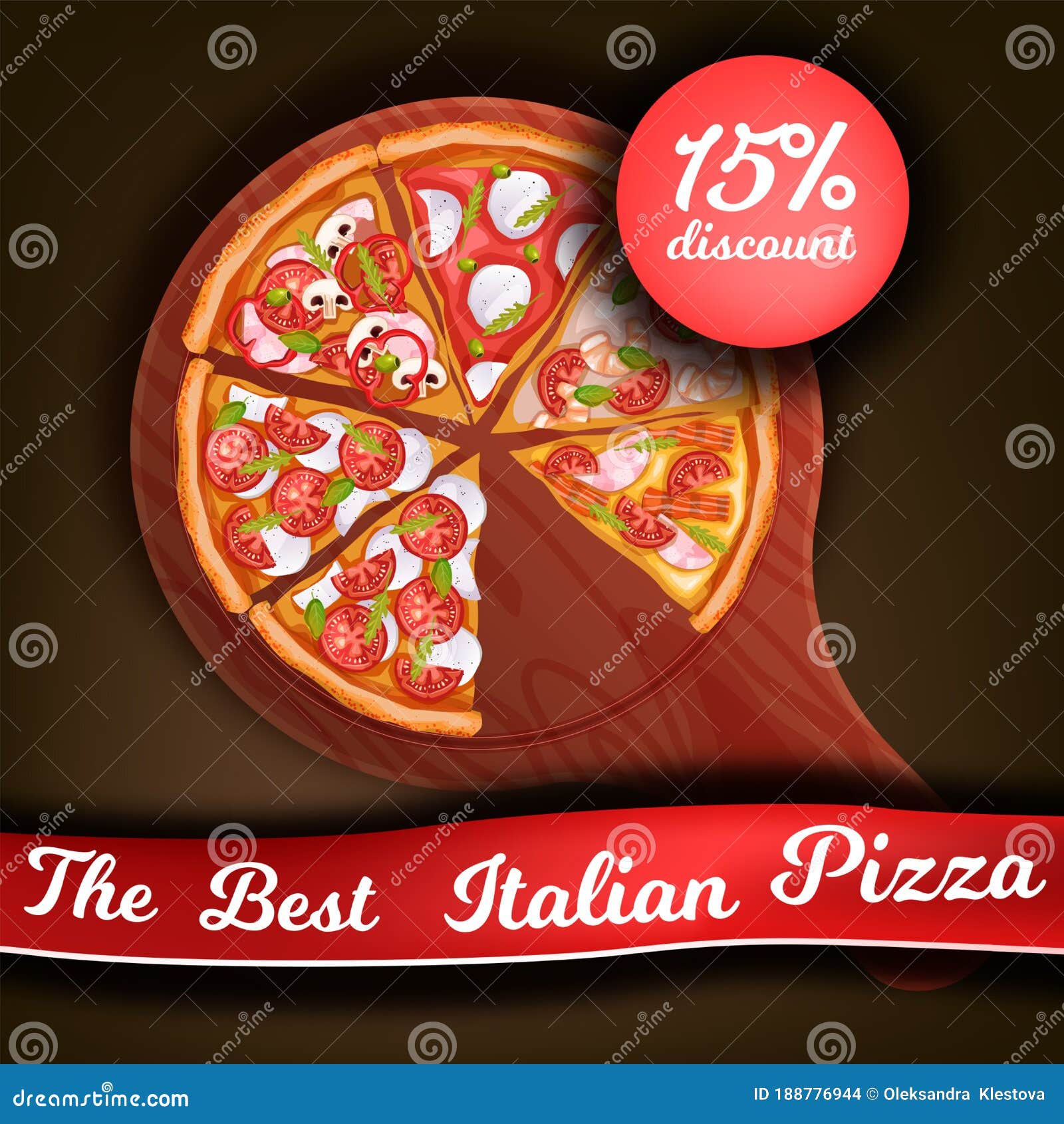 Pizza Discount Flyer On Dark Background In Realistic Style With Cutting Board Red Ribbon Stock Vector Illustration Of Dark Isolated