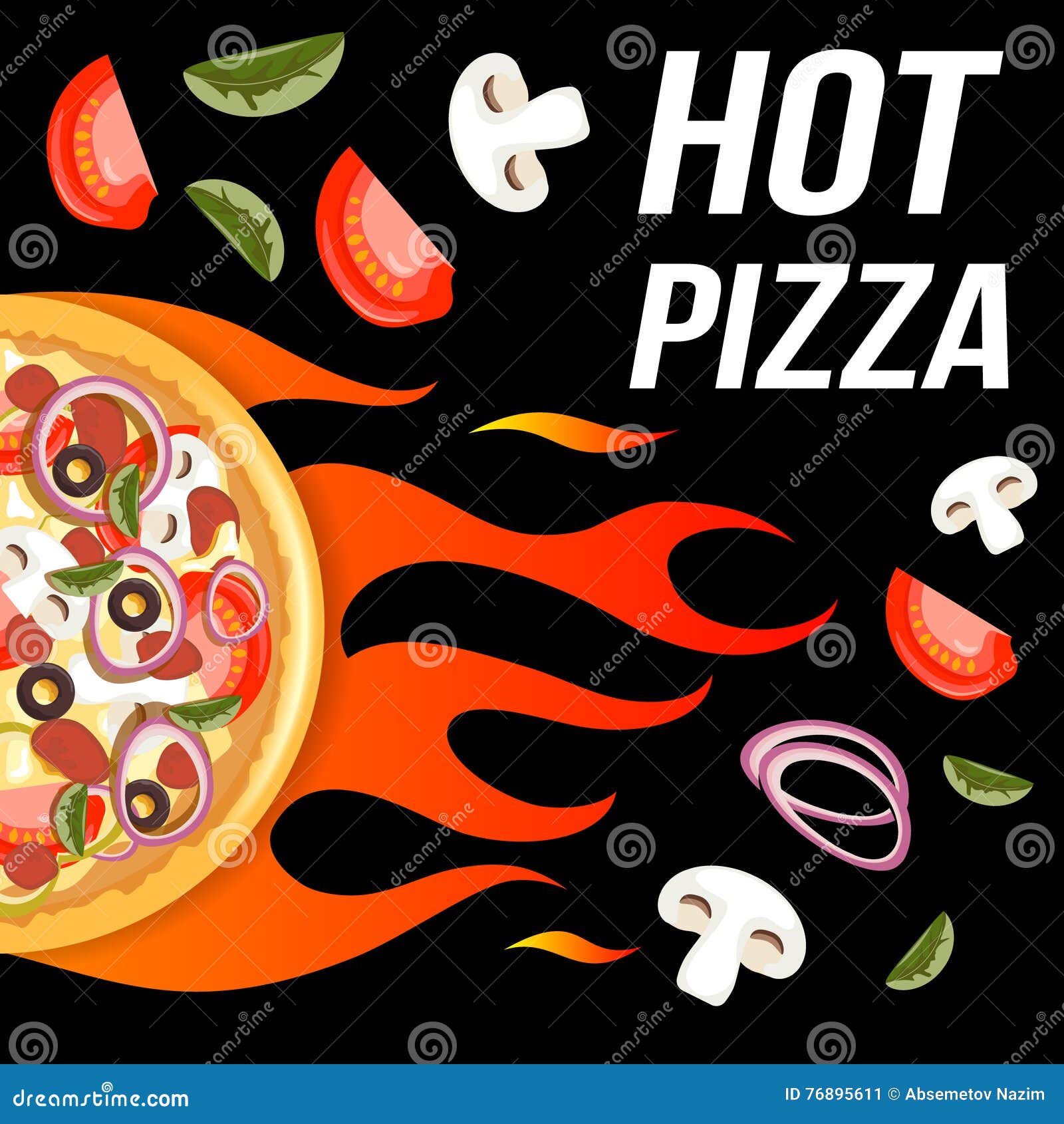 Hot Pizza On Fire Pizzeria Restaurant Logo With Full Round Pizza In