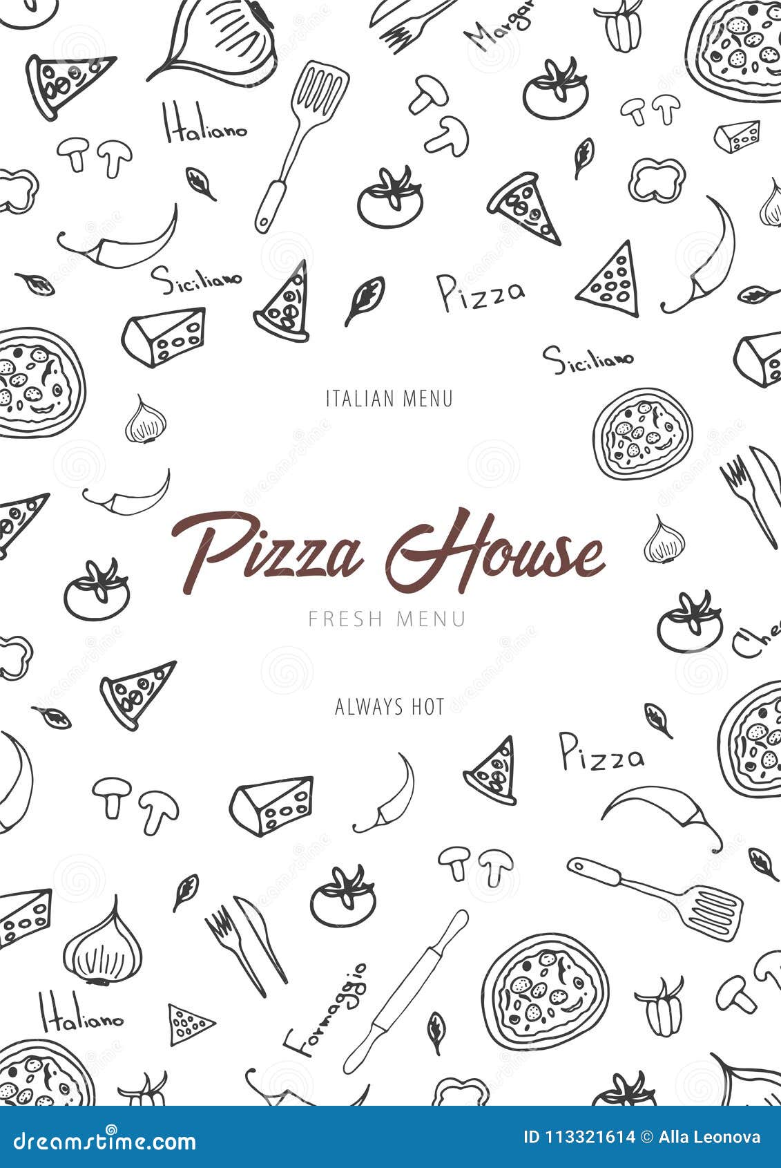 pizza food menu for restaurant and cafe.  template with hand-drawn graphic s in doodle style.  .