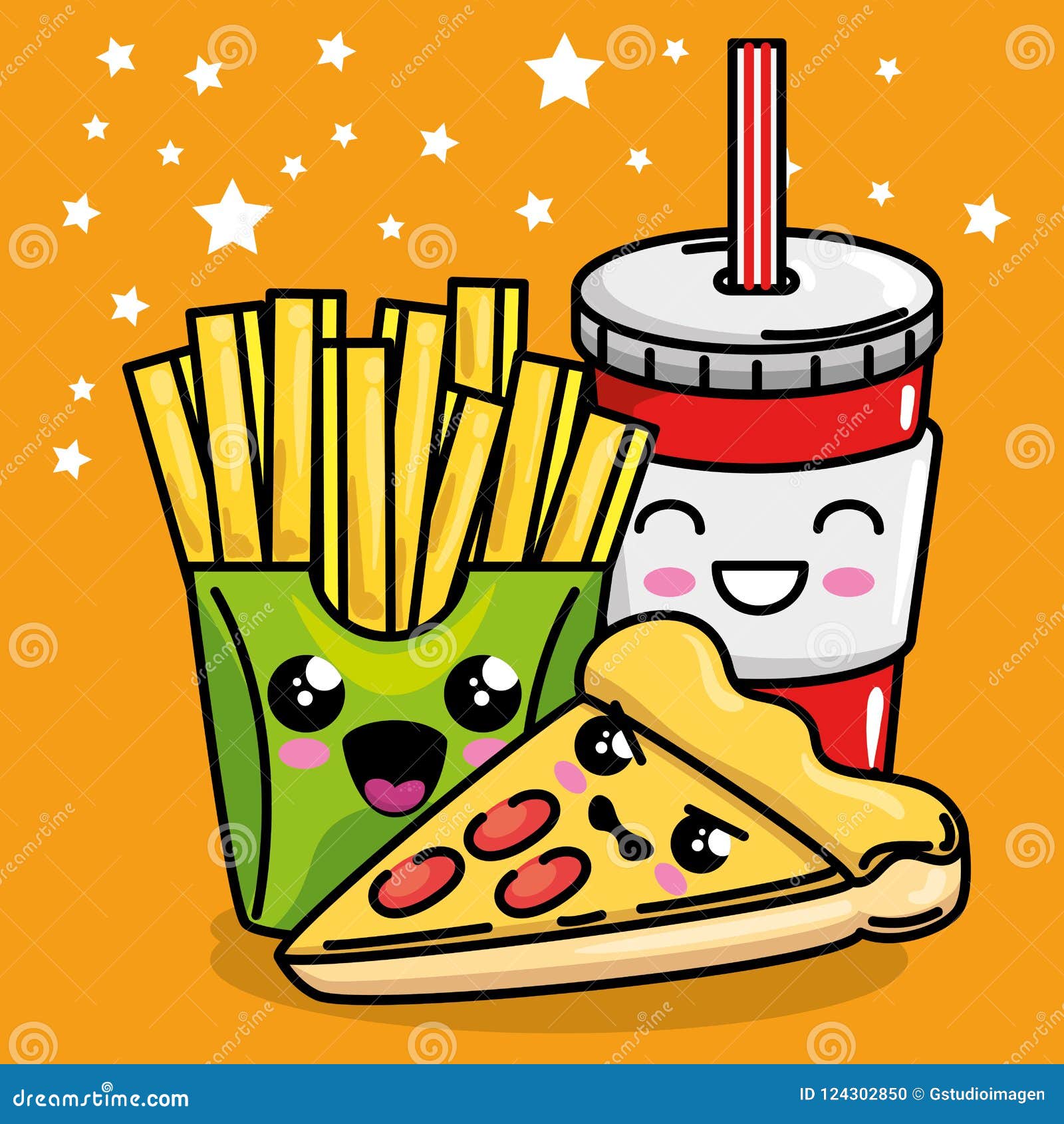 Pizza and French Fries with Soda Kawaii Character Stock Vector -  Illustration of icon, comic: 124302850