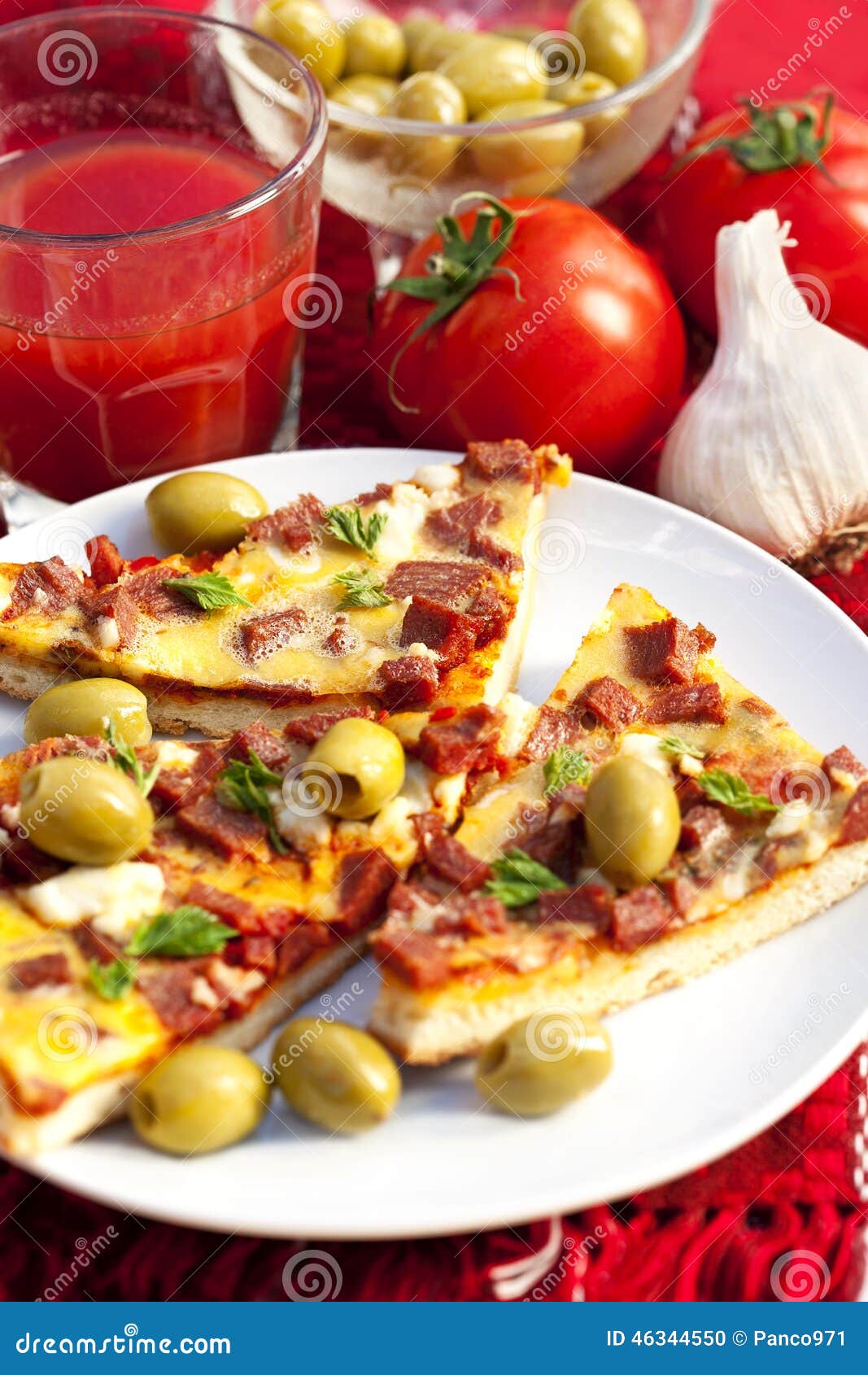 Pizza and Fresh Tomato Juice Stock Photo Image of baked, garlic 46344550