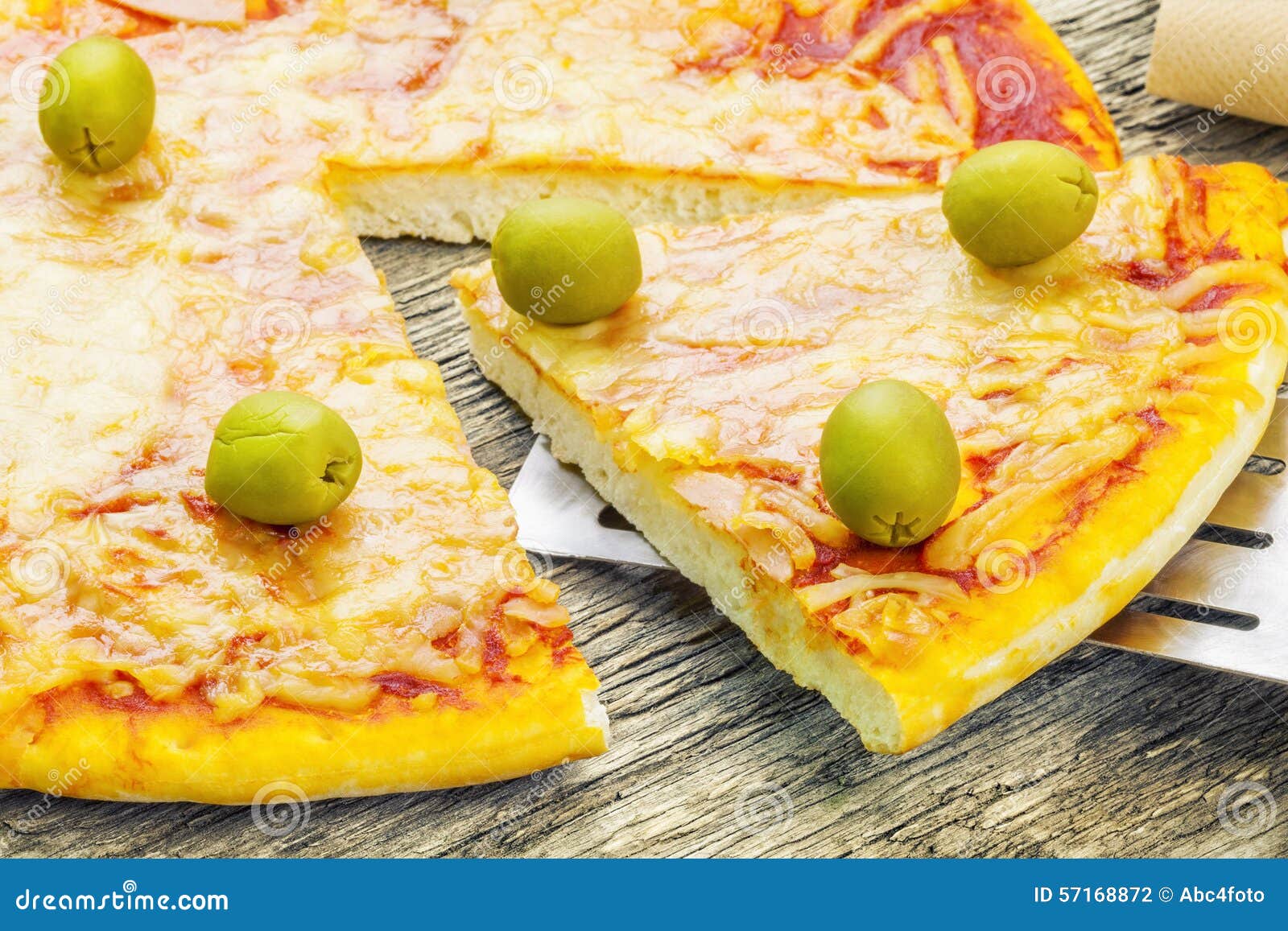 Pizza with Ham and Green Olives on Table Stock Photo Image of olives