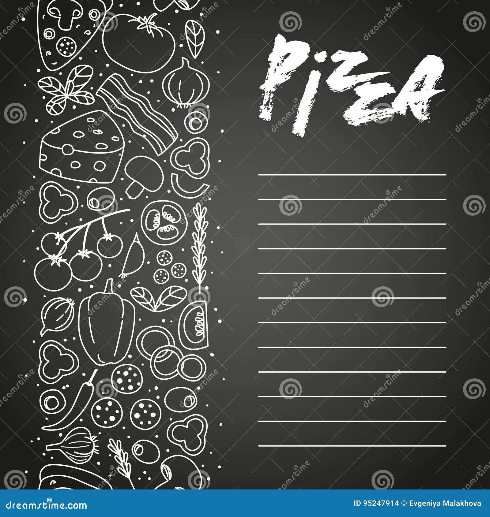 Pizza ingredients stock illustration. Illustration of chalkboard 95247914