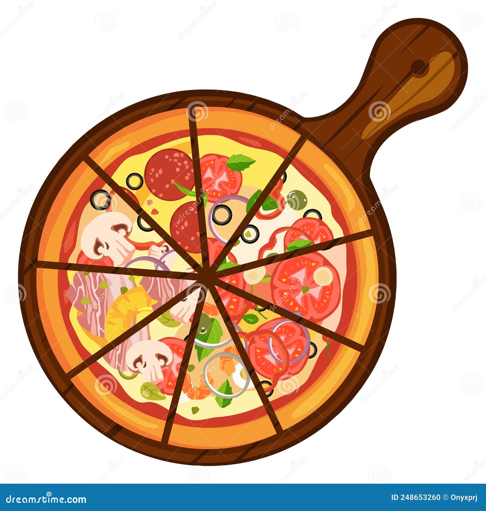 Pizza Italiana Diverse Fette Su Vignetta Di Vassoio Di Legno Illustrazione  Vettoriale - Illustrazione di sfondo, disegno: 248653260