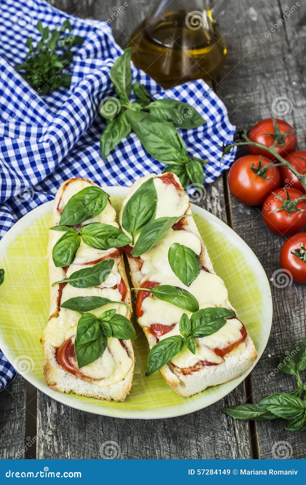 Pizza Margherita on French Baguette. Rustic Style Stock Image Image of leaf, food 57284149