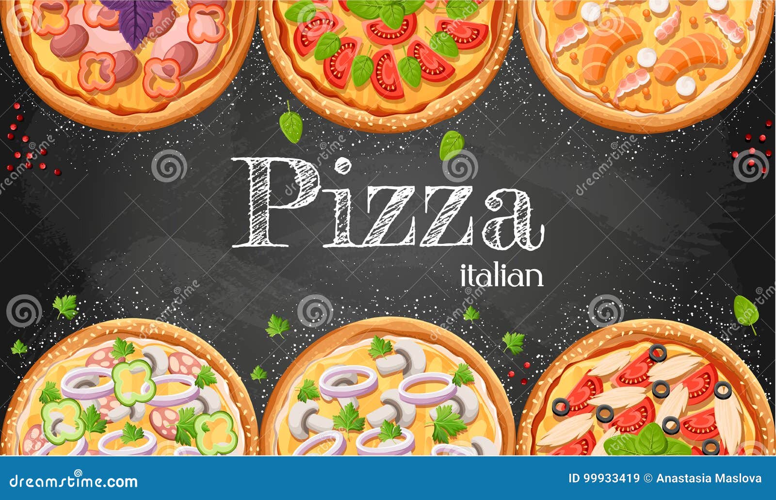 Pizza Menu Chalkboard Cartoon Background With Fresh Ingredients Illustration Pizzeria Flyer Background Two Horizont Stock Illustration Illustration Of Food Cheese
