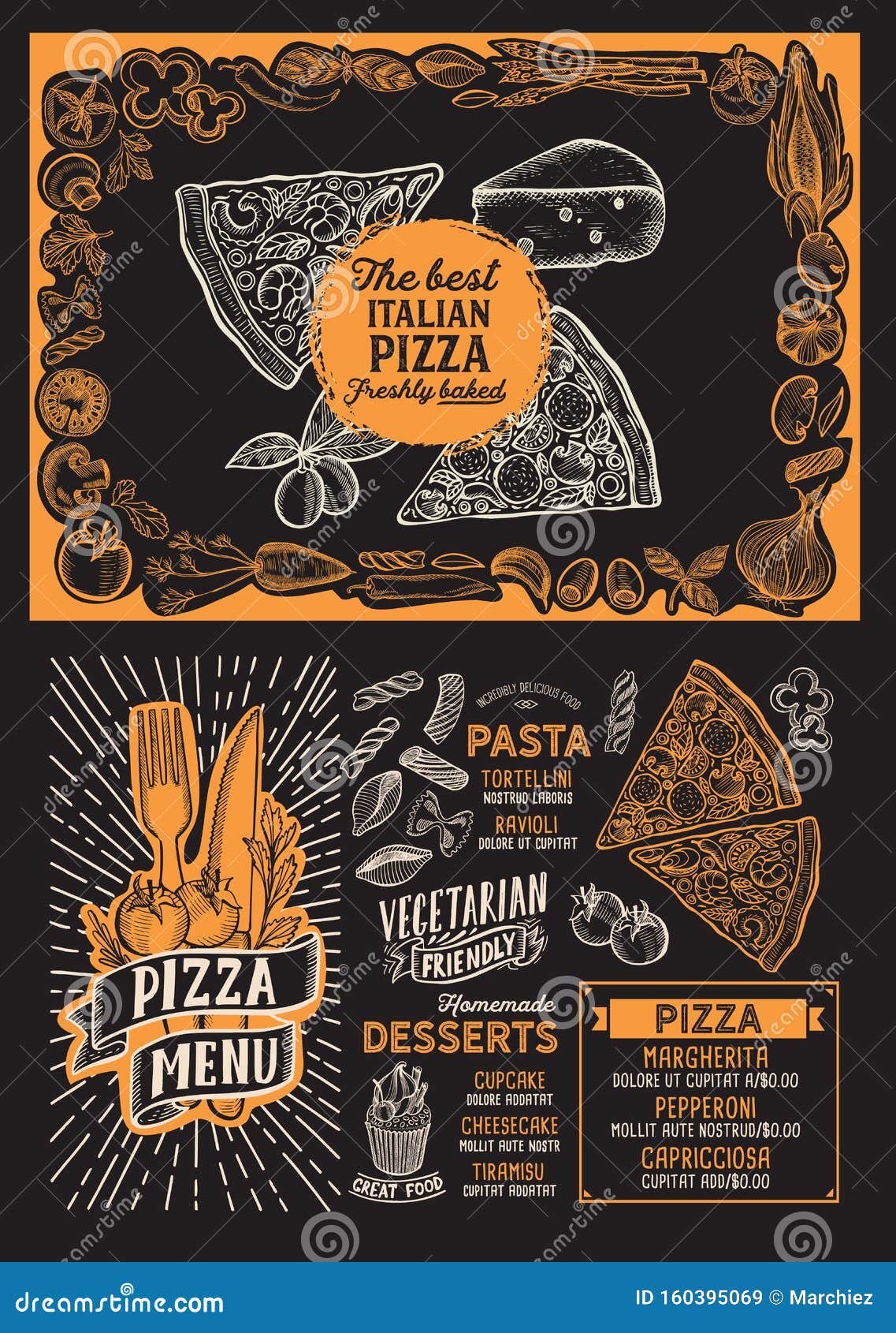 pizza menu food template for restaurant with doodle hand-drawn graphic