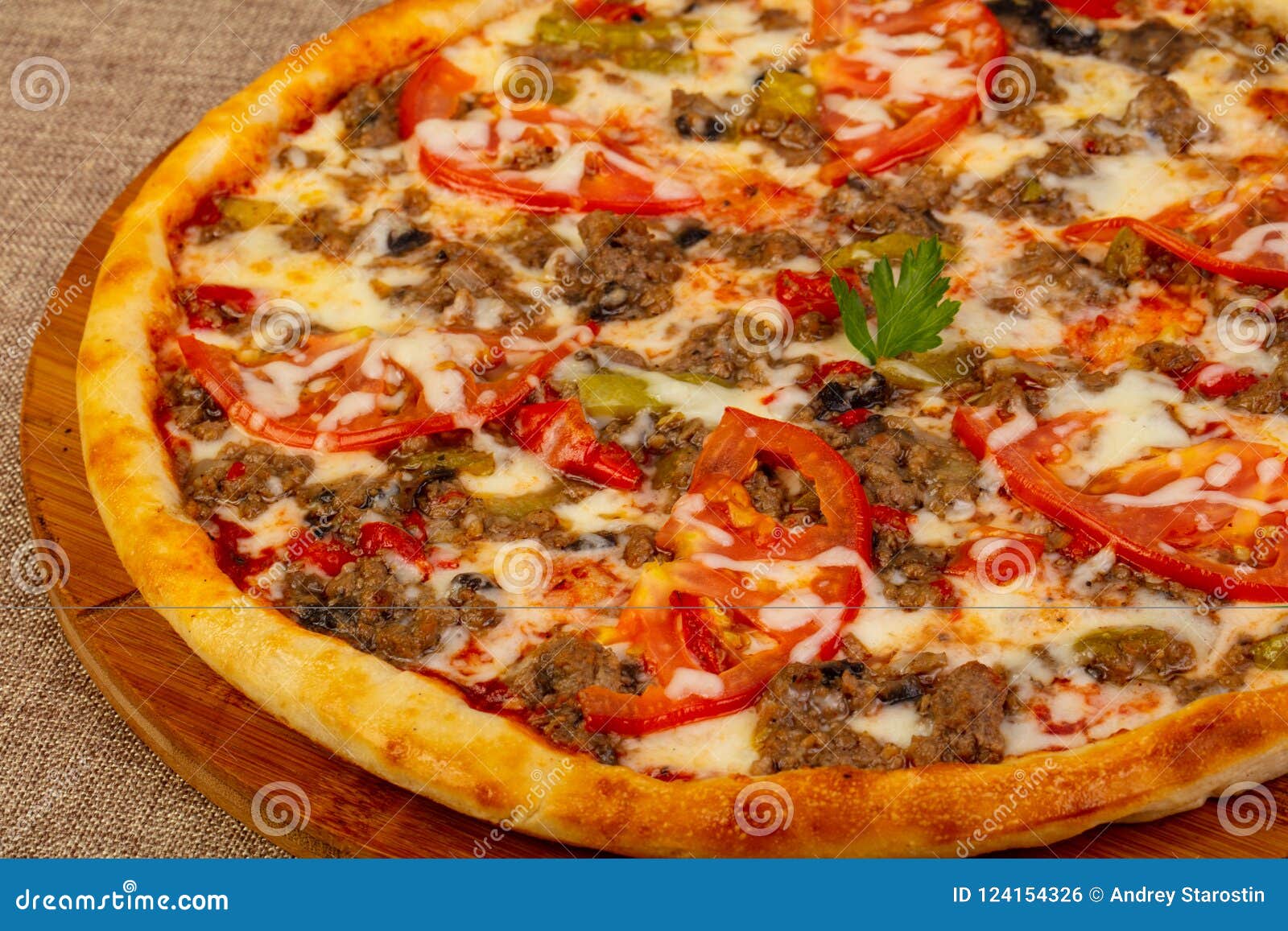 Pizza with minced meat stock photo. Image of cheese 124154326