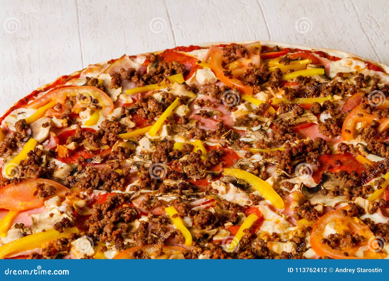 Pizza with minced meat stock photo. Image of food, sauce 113762412