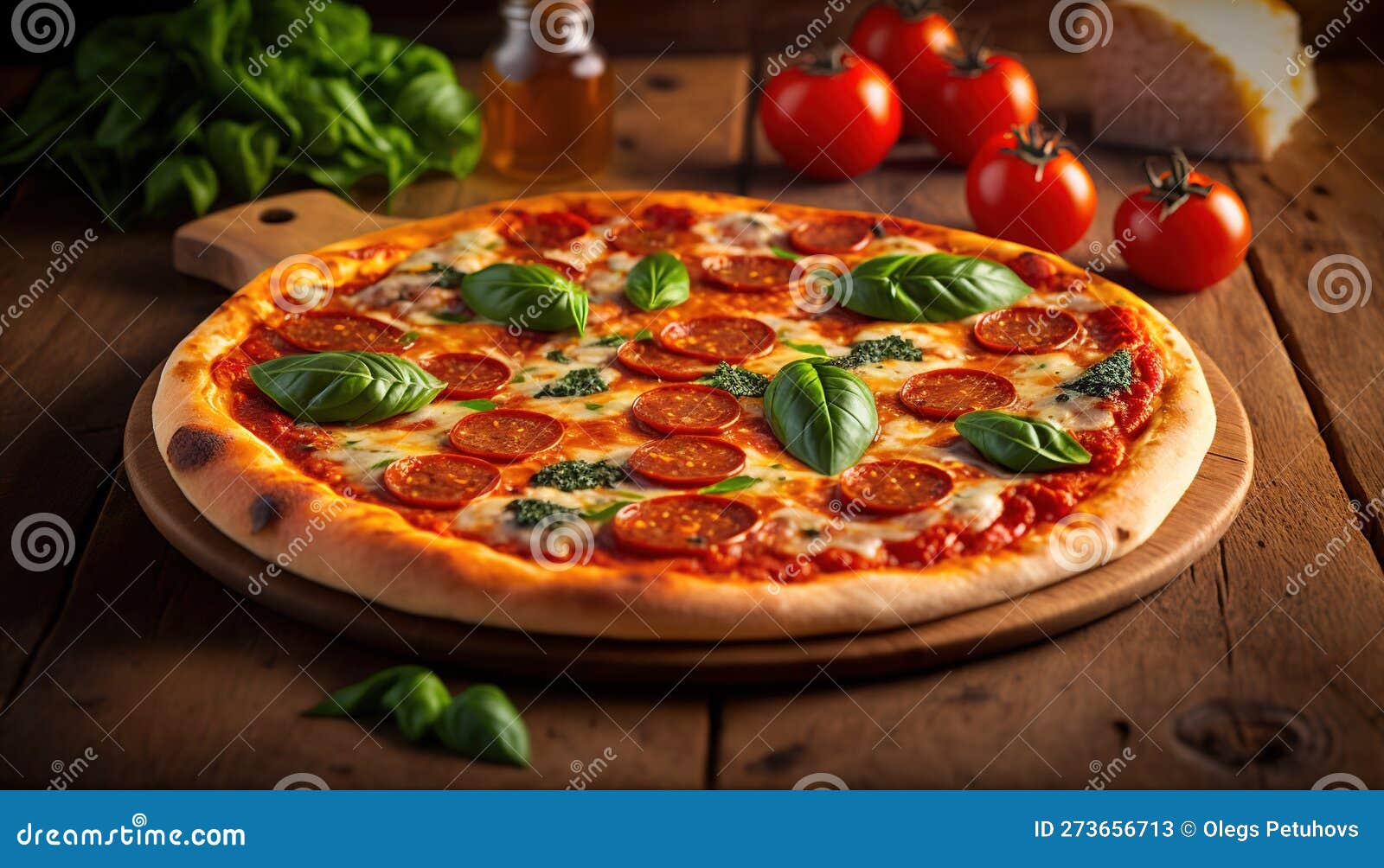 A Pizza with Pepperoni and Basil on a Cutting Board Stock Image Image