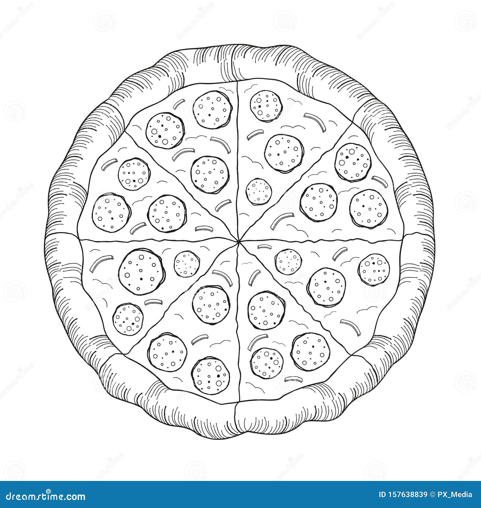 Pizza Pepperoni, Cebolla - IlustraciÃ³n/dibujo En Blanco Y Negro Stock de  ilustración - Ilustración de retro, contorno: 157638839