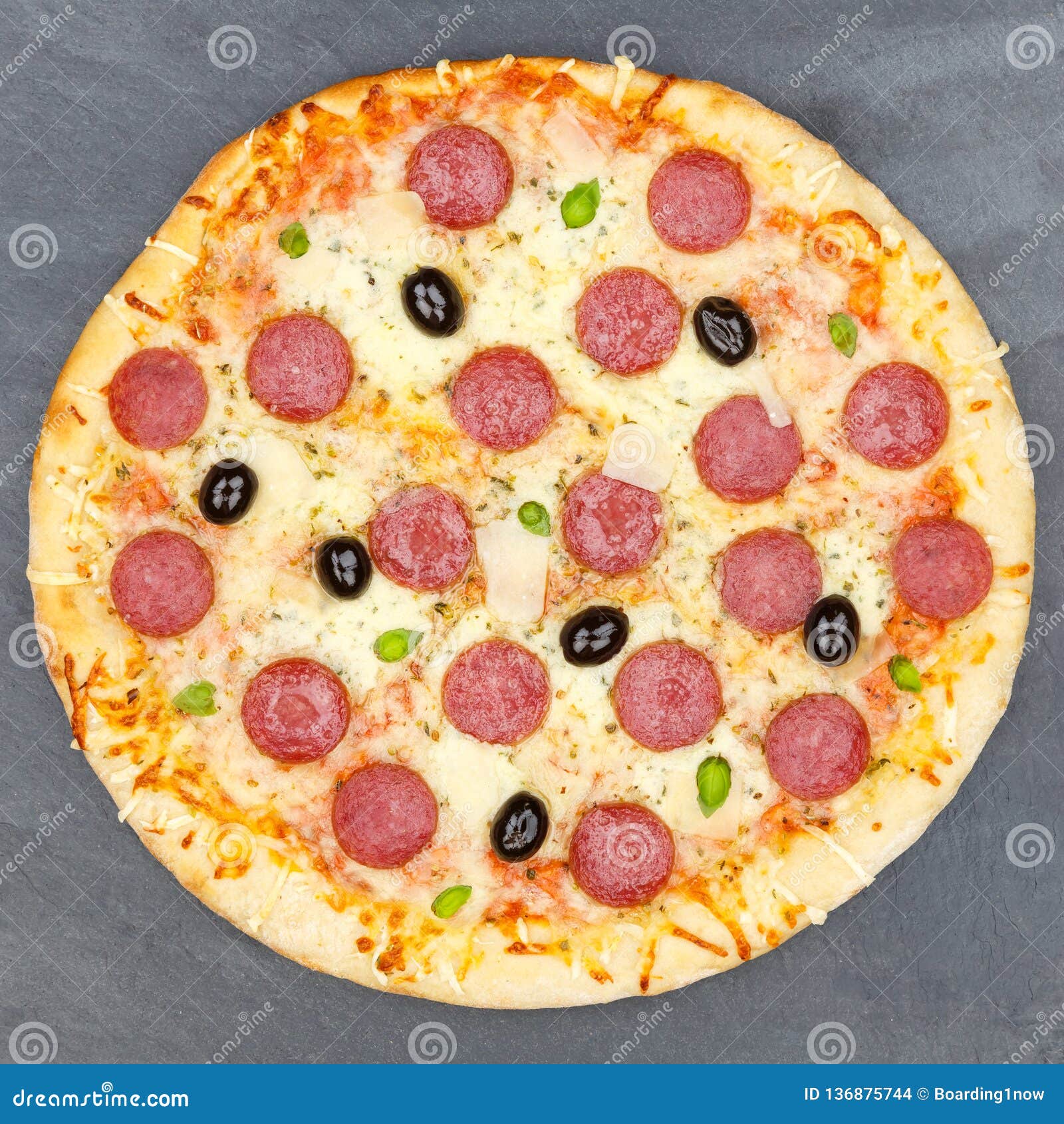 Pizza Pepperoni Salami from Above Square Slate Stock Photo Image of