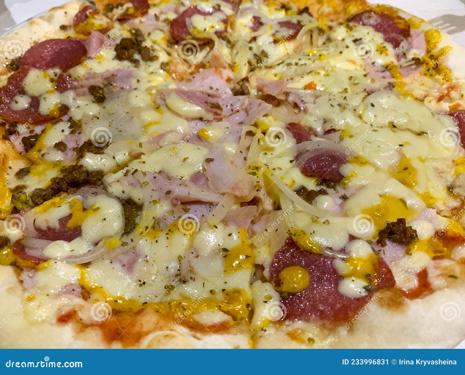 Pizza with Salami, Bacon and Mozzarella Photo. Stock Image Image of
