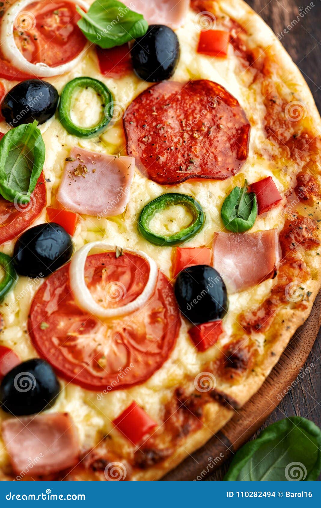 Pizza with Salami and Ham stock photo. Image of high 110282494