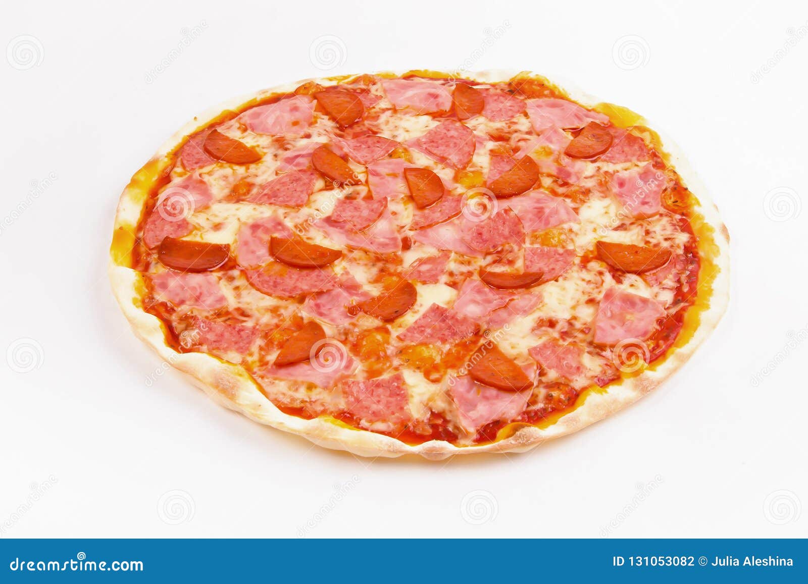 Pizza Pizza with Sausage, Ham, Peperoni and Salami on a White Ba Stock