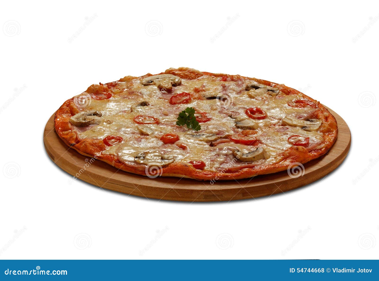 Pizza Siciliana with Ham, Tomatoes, Mushrooms and Mozzarella. on Stock  Photo - Image of cherry, dish: 54744668