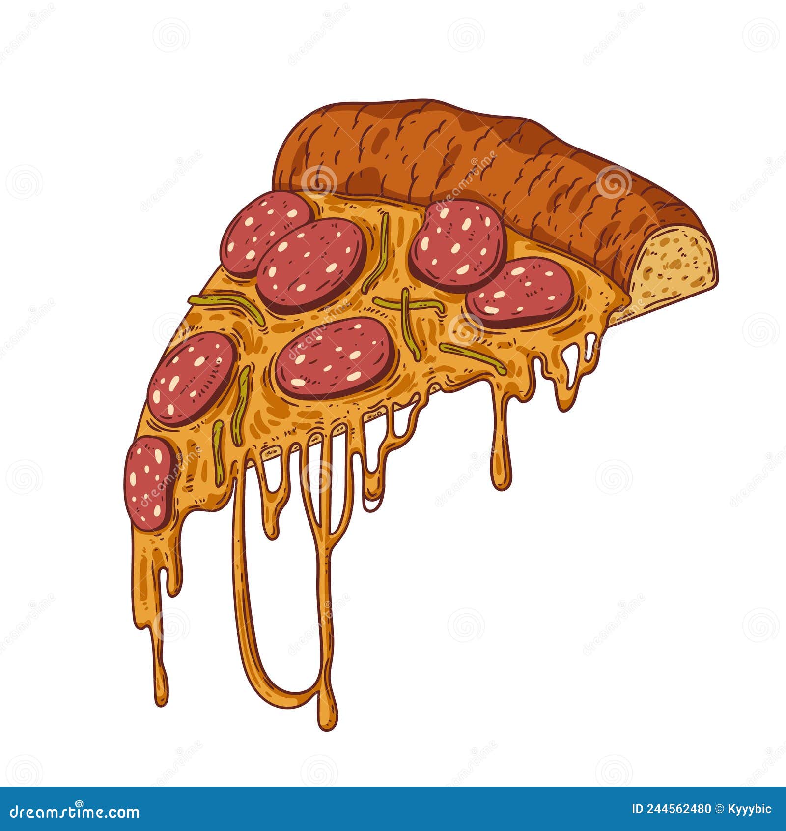 Pizza Slice, isolated vector illustration. Colored sketch drawn  illustration of a hot slice of pepperoni pizza with melting cheese. Food  cafe, pizzeria logo, signboard, banner, menu design element 9900525 Vector  Art at