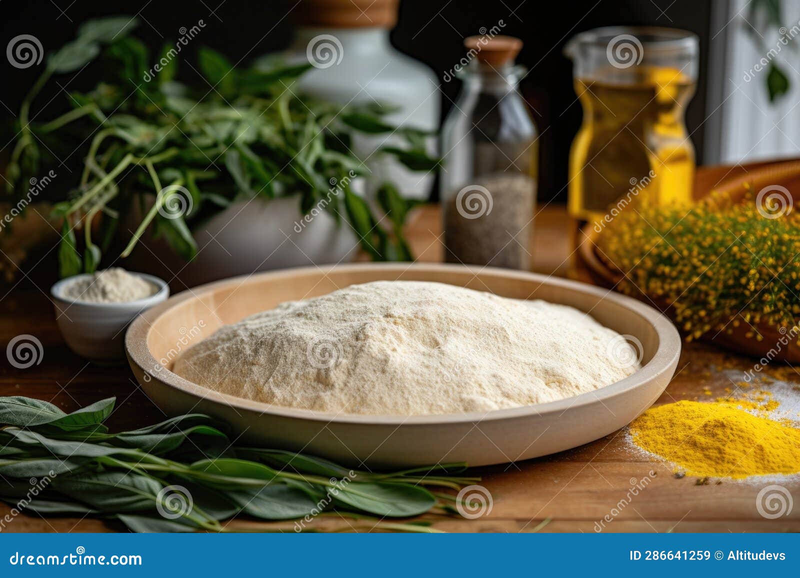 Pizza Stone with Flour, Cornmeal, and Dough Stock Illustration