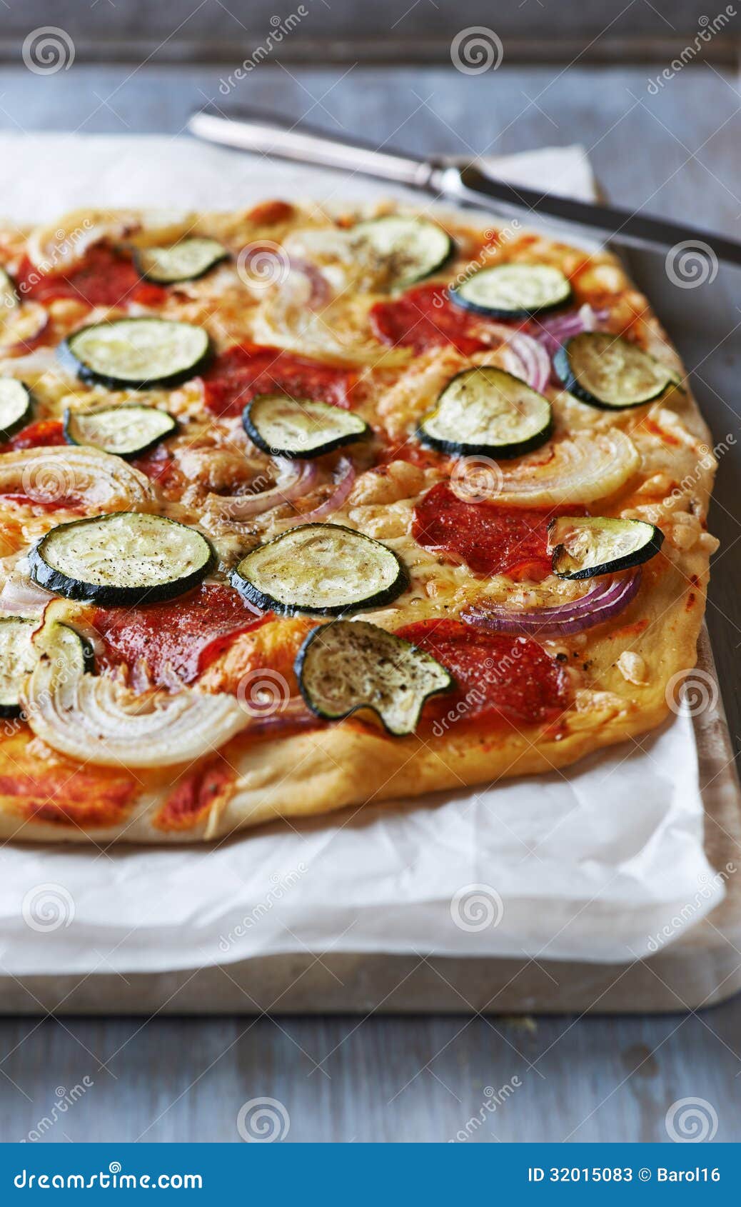 Pizza with Vegetables and Salami Stock Image Image of meal, knife