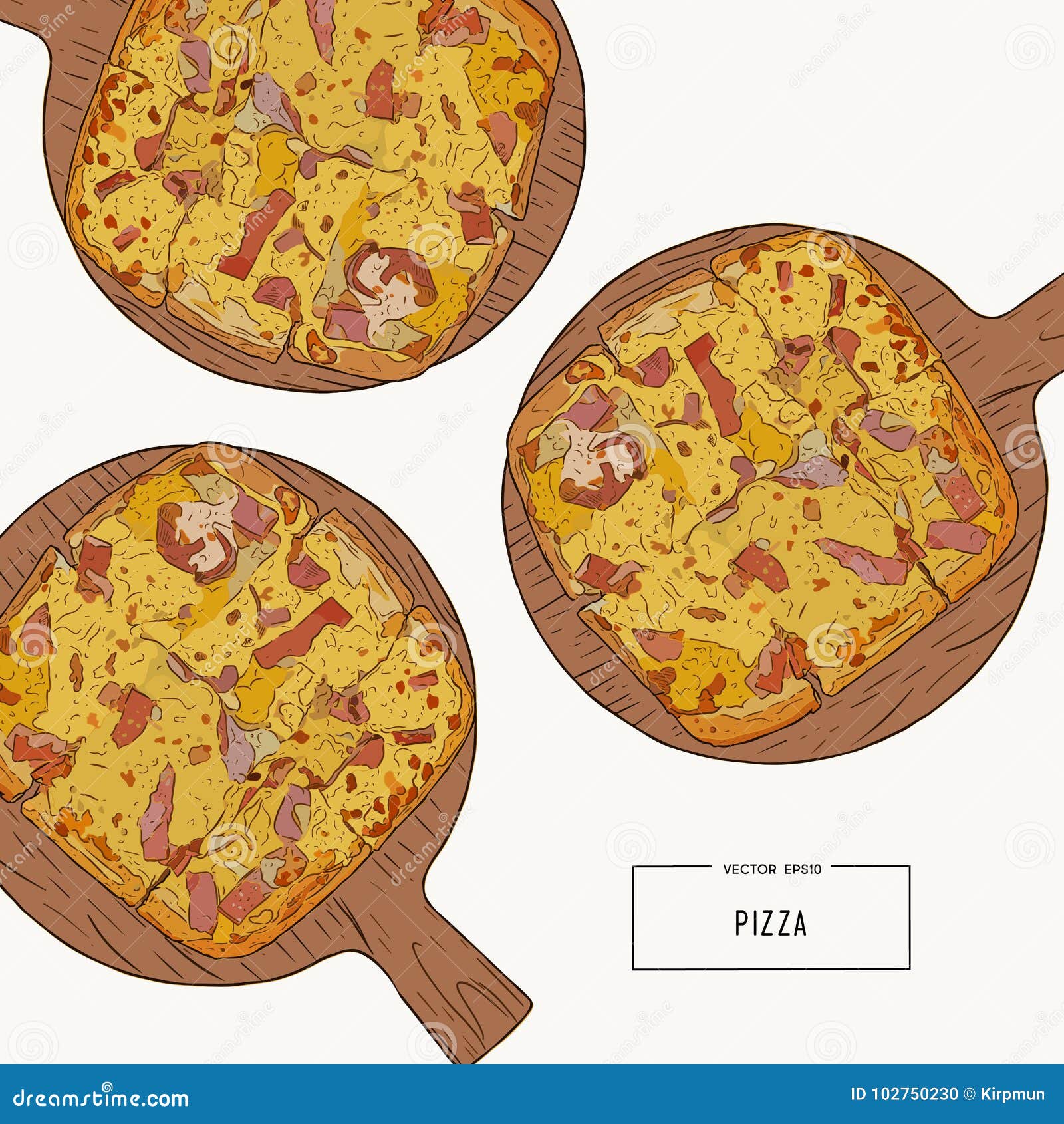 Pizza on the Wooden Board Hand Draw Sketch Vector. Stock Vector