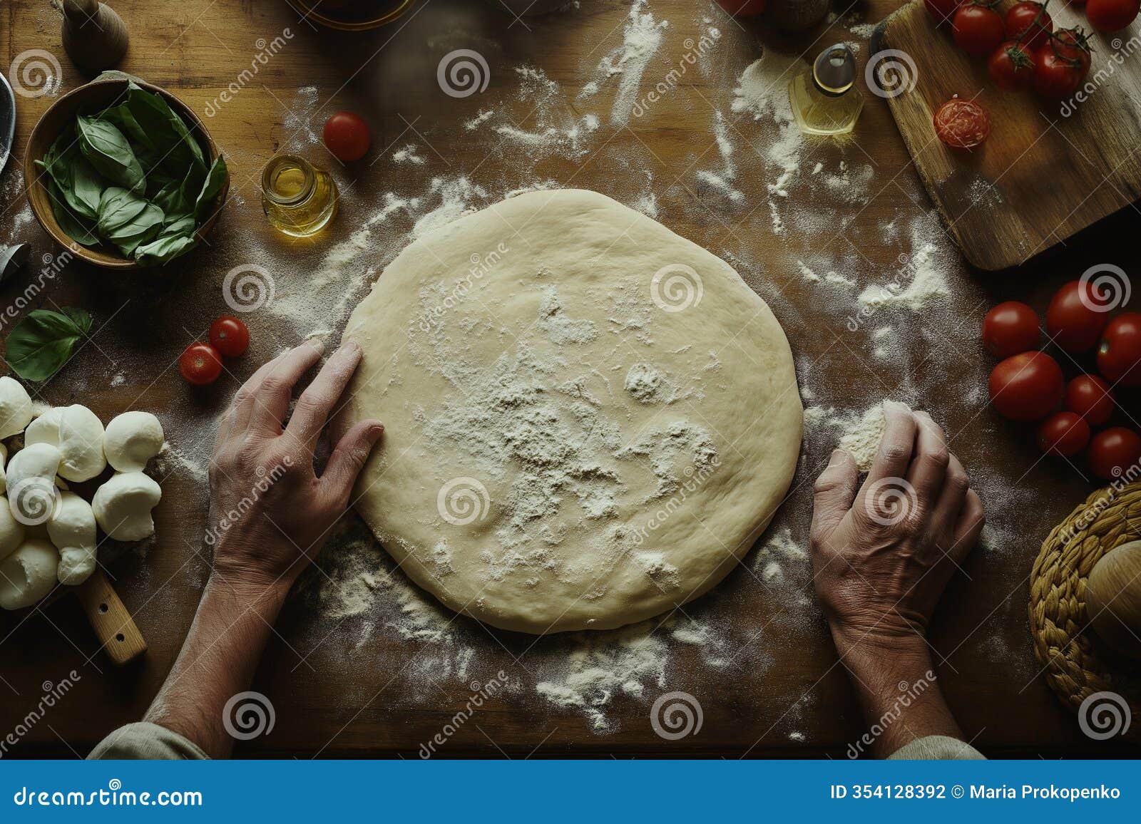 pizzaiolo preparing pizza with fresh ingredients in rustic pizzeria