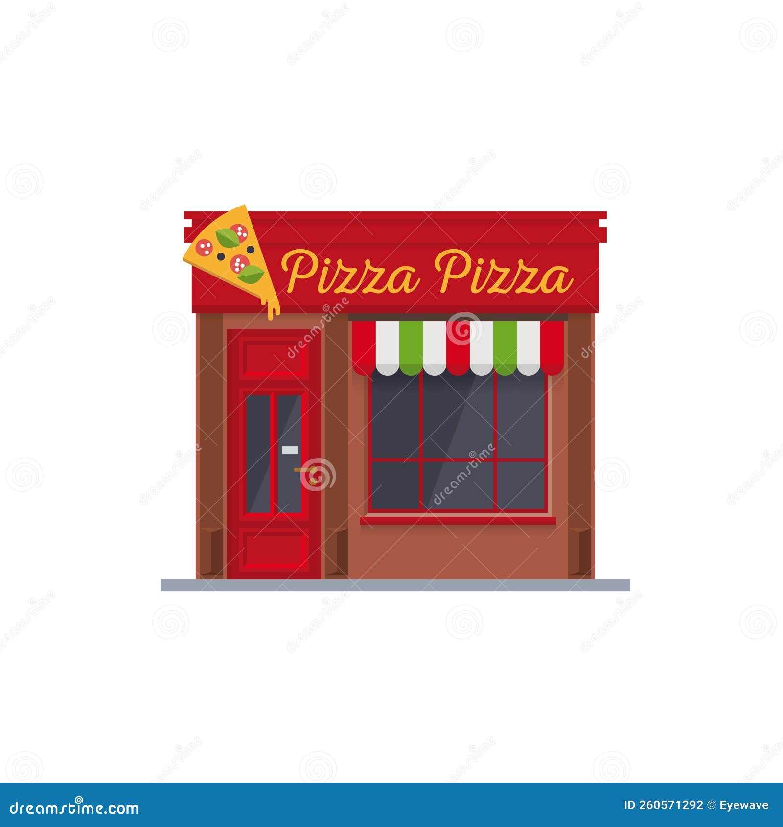 Pizzeria Restaurant Building Facade Isolated Flat Design Vector Illustration Stock Vector