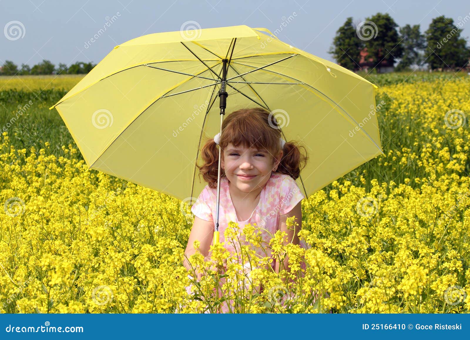 Pięknej dziewczyny mały parasol. Piękny pole kwitnie dziewczyny kolor żółty małego trwanie parasolowego