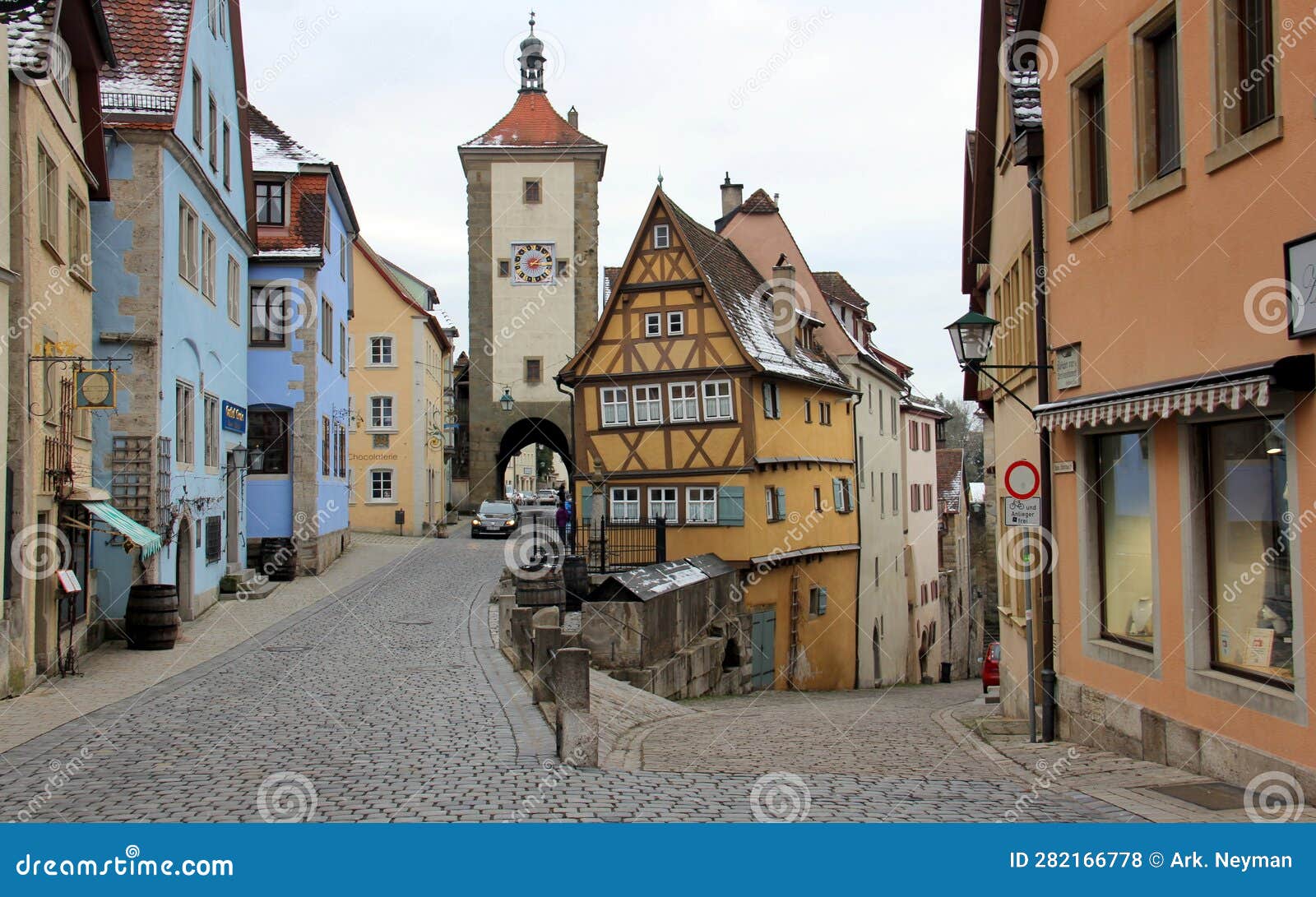 landmark spot in the old town, view on snowless winter afternoon, rothenburg ob der tauber, germany
