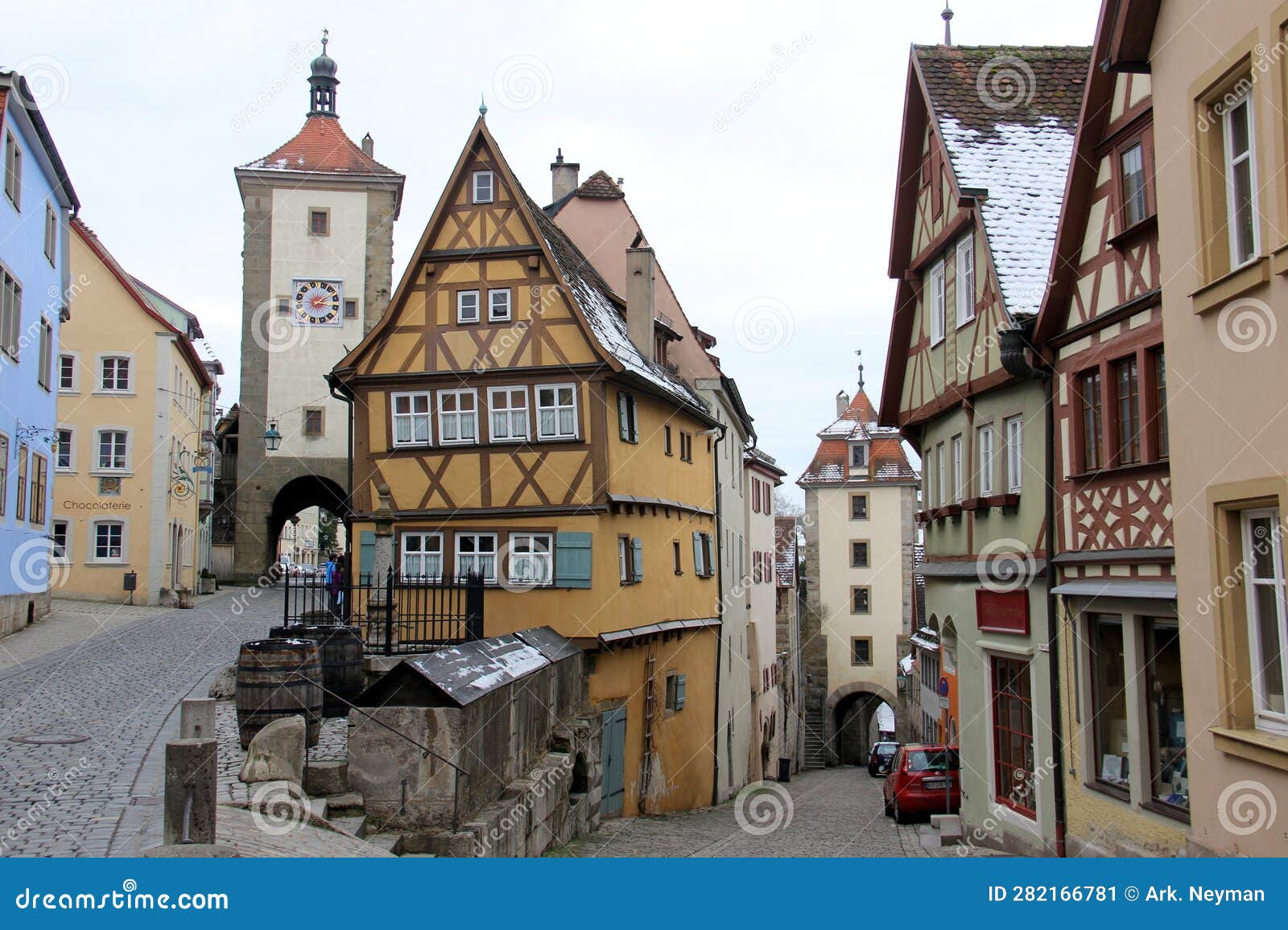 landmark spot in the old town, view on snowless winter afternoon, rothenburg ob der tauber, germany
