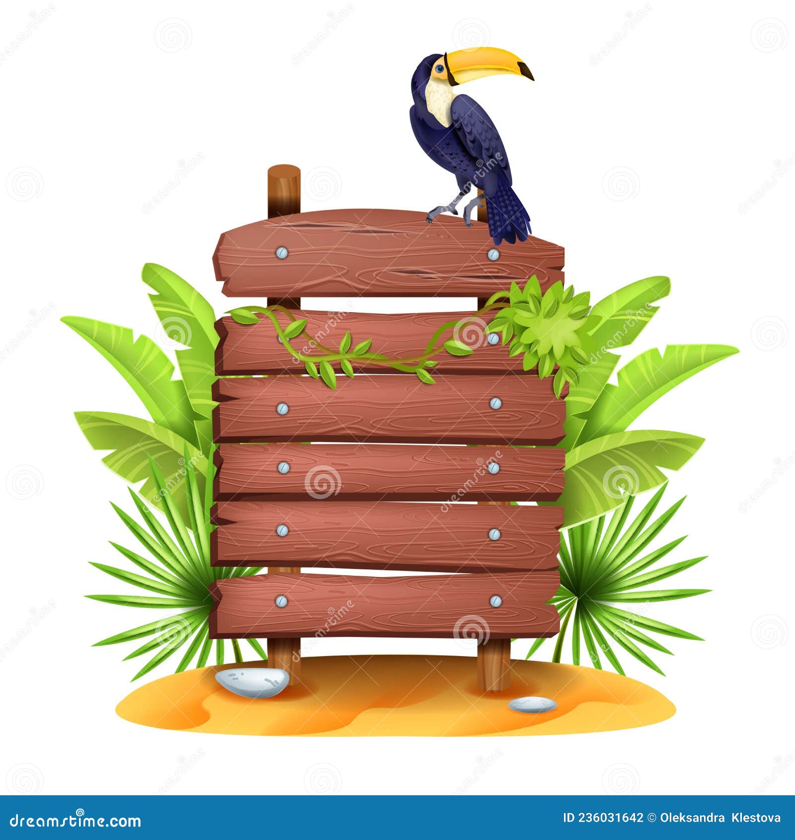 Sinal de madeira na floresta tropical da selva com folhas tropicais e  espaço para texto. Cartoon game vector illustration (em inglês). Projeto de  quadro de publicidade. Placa velha decorada folhas liana imagem