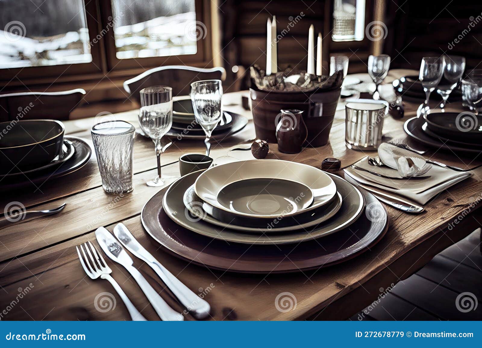 Place Setting with Dishes on Big Dining Table on Chalet Stock