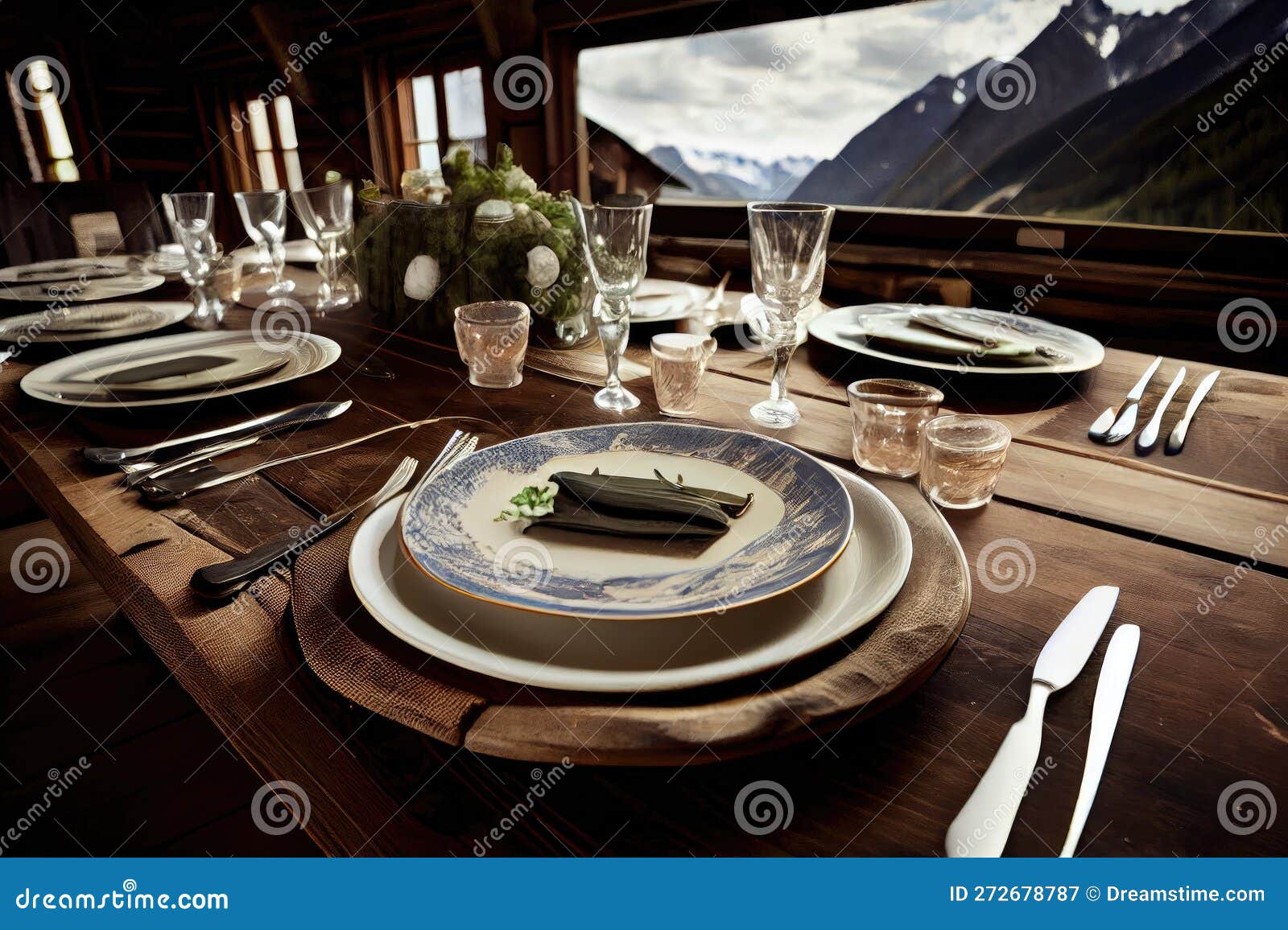Place Setting with Dishes on Big Dining Table on Chalet Stock Image
