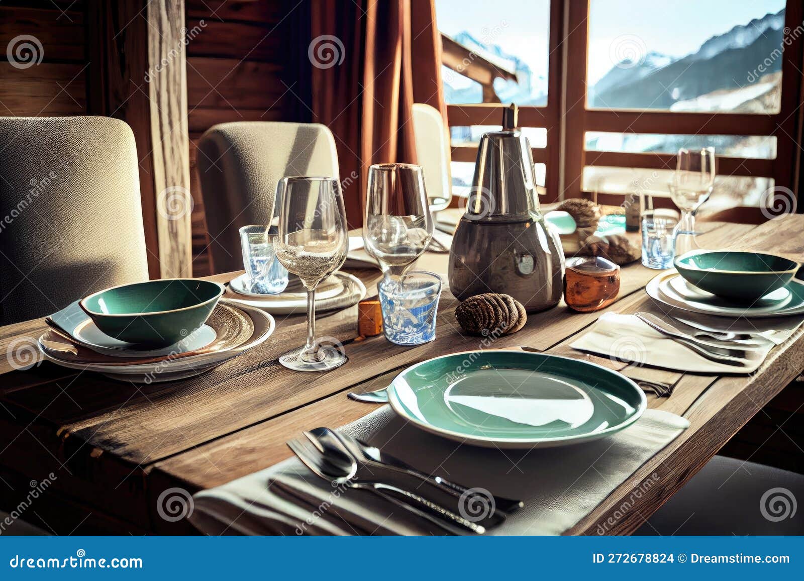 Place Setting with Dishes on Big Dining Table on Chalet Stock