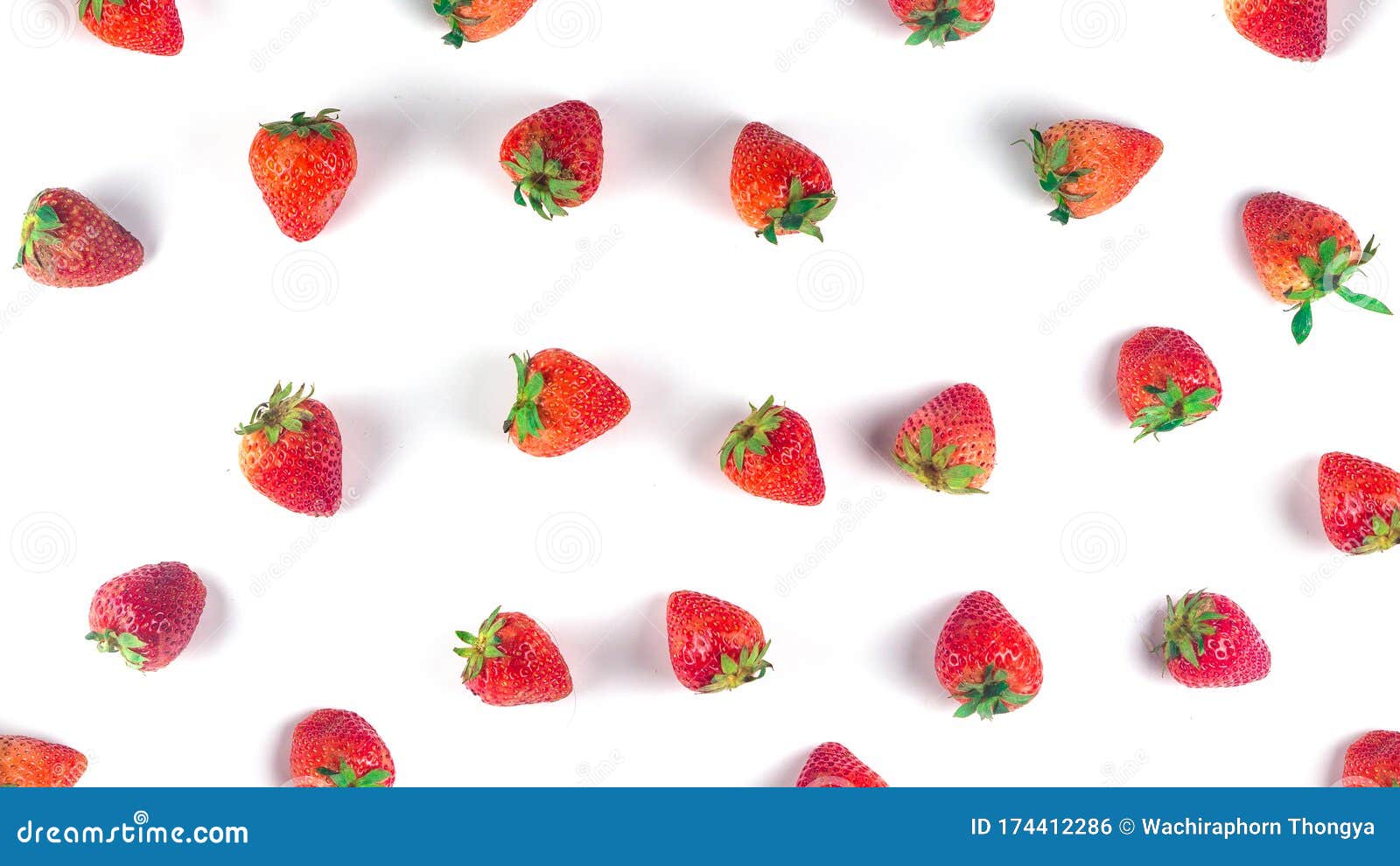place strawberries on white background., top view. flat lay pattern, a sweet soft red fruit with a seed-studded surface.