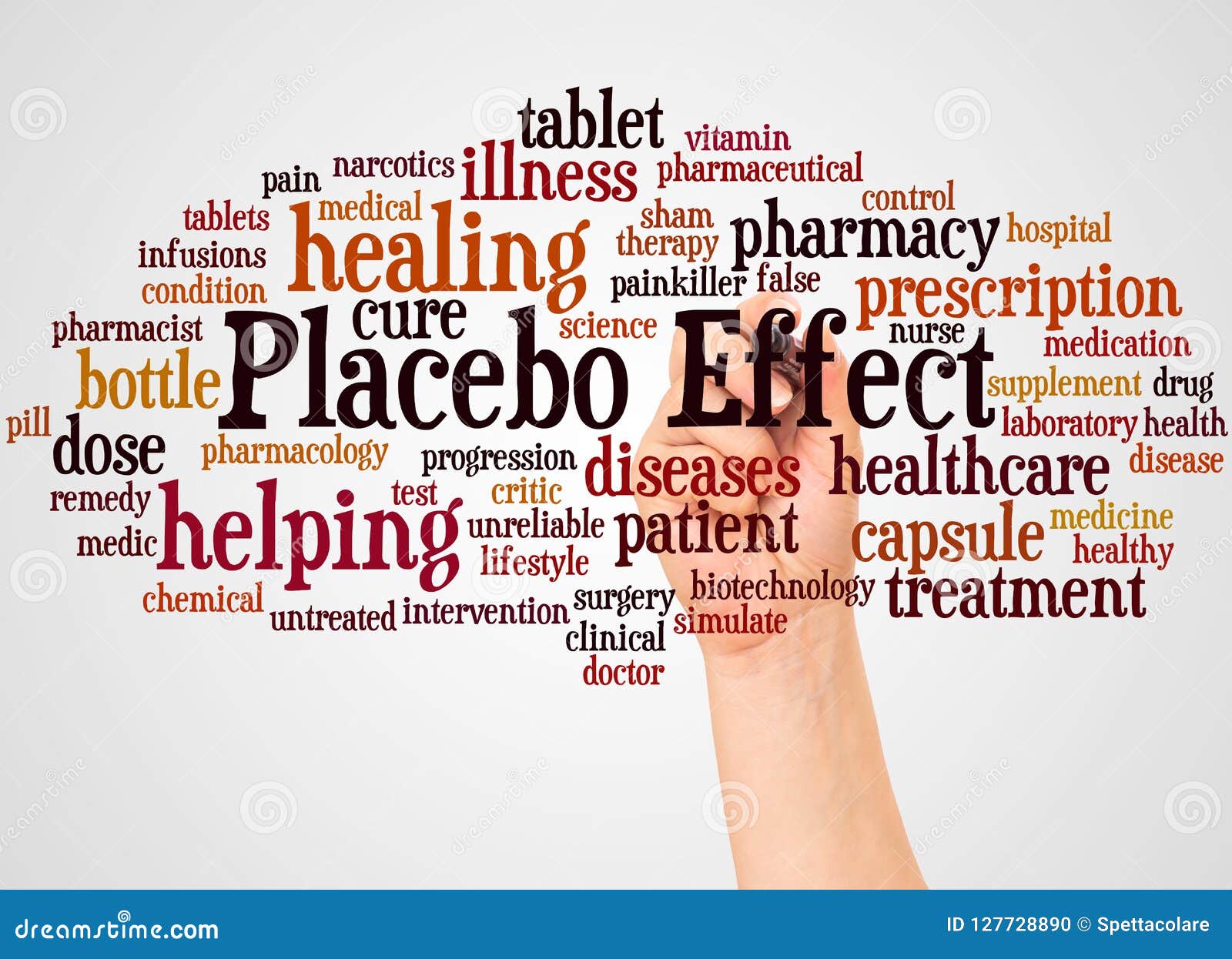 placebo effect word cloud and hand with marker concept