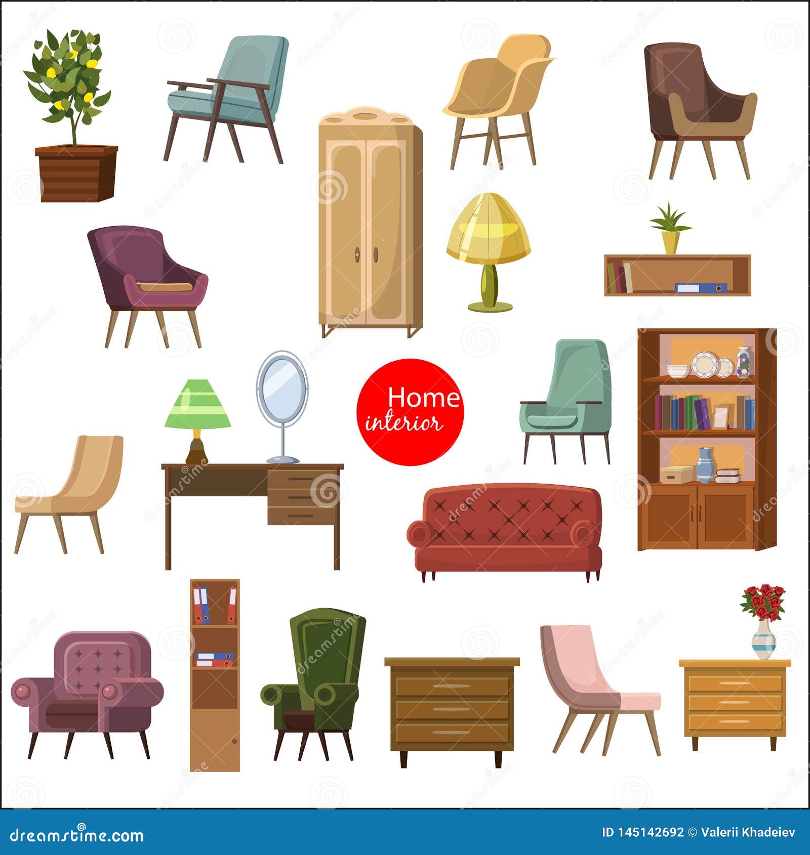 Set of Accessories and Furniture. Armchairs of Different Types, Sofa,  Table, Shelf, Home Plant, Mirror Bookcase, Lamp Illustration de Vecteur -  Illustration du abstrait, conception: 145142692