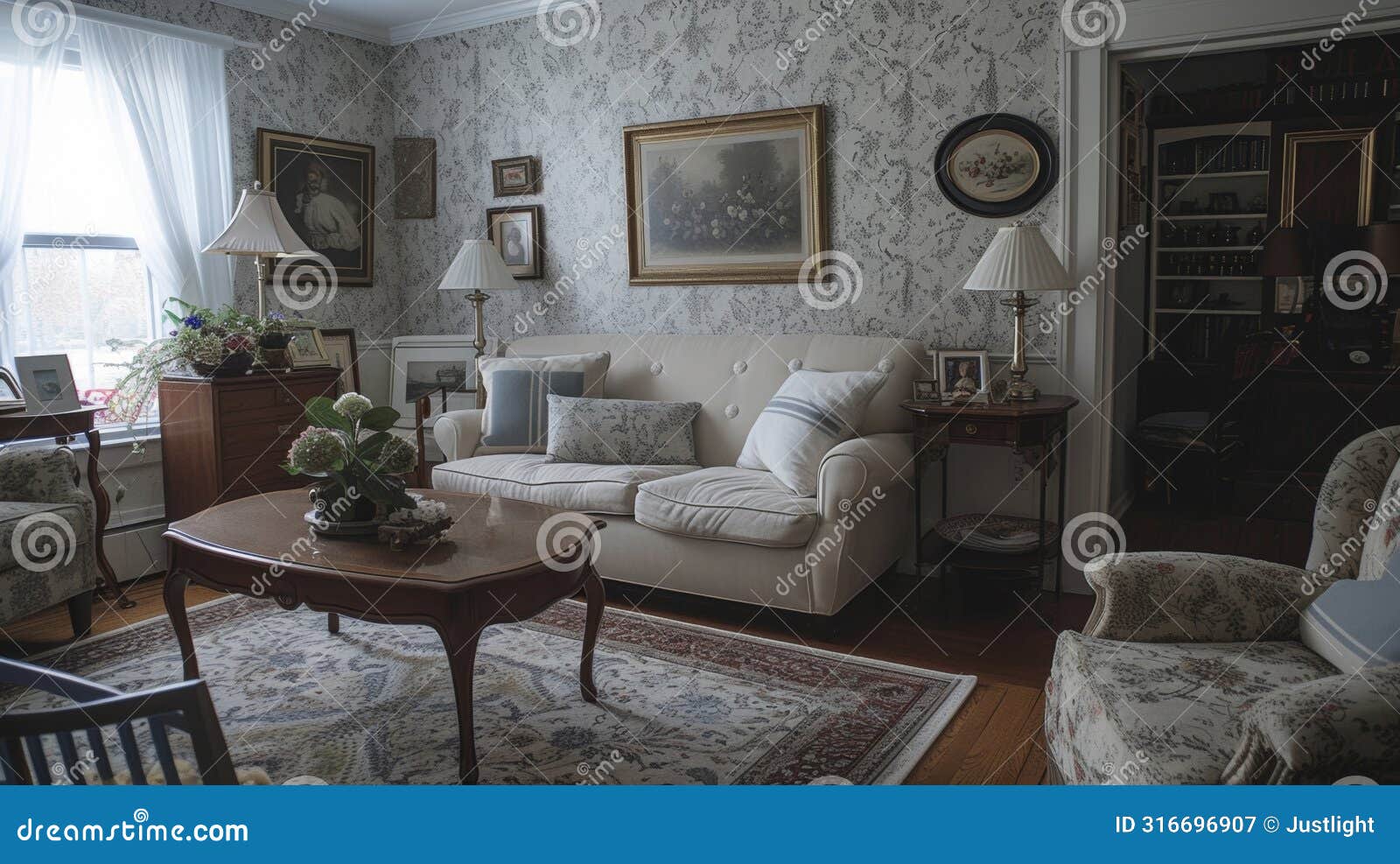 a plain and cramped living room with dated wallpaper and worn carpeting transformed into a cozy and elegant space. the