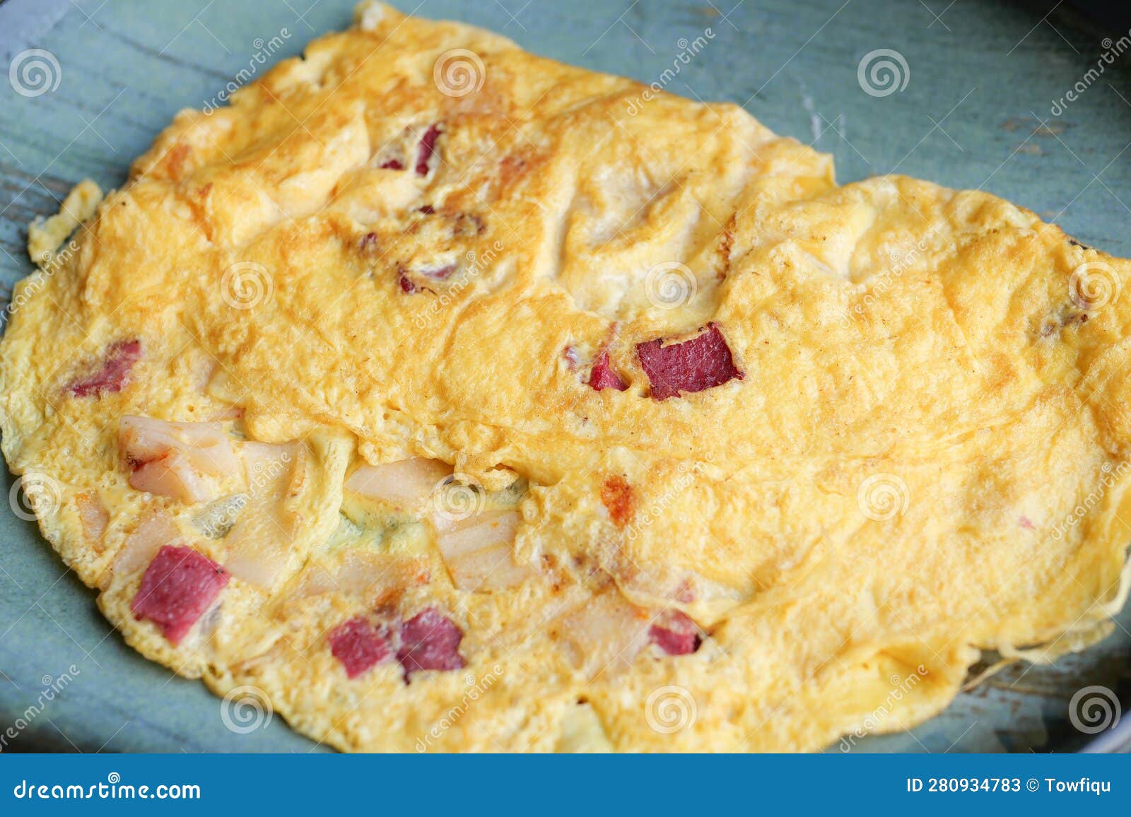 Plain Egg Omelette with Salami on Table Stock Image Image of onions, omelet 280934783