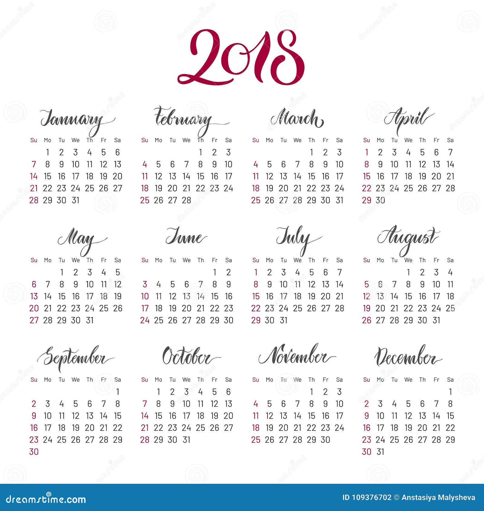 Plain Wall Calendar 2018 Year, Lettering, Flat Stock Vector