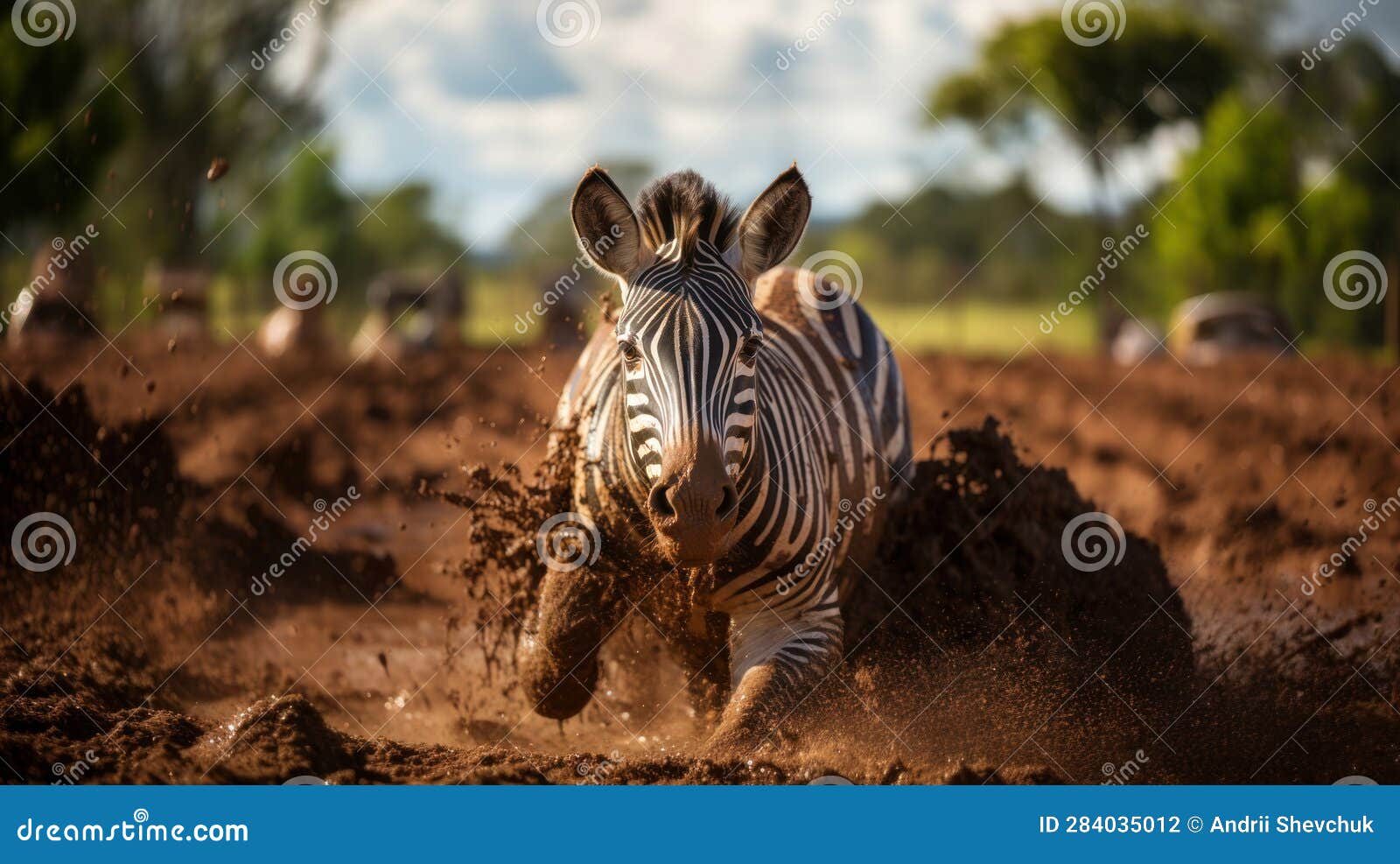 plains zebra running through muddy mud in kruger national park, south africa specie equus quagga burchellii family of equidae.