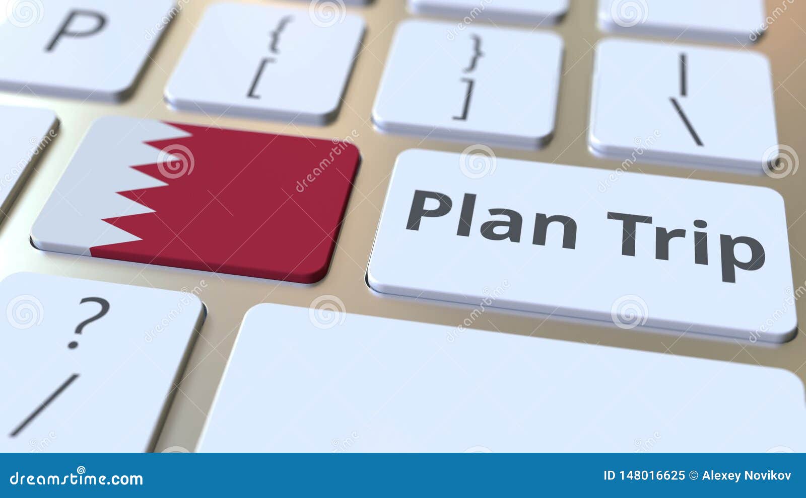 PLAN TRIP Text and Flag of Bahrain on the Computer Keyboard, Travel