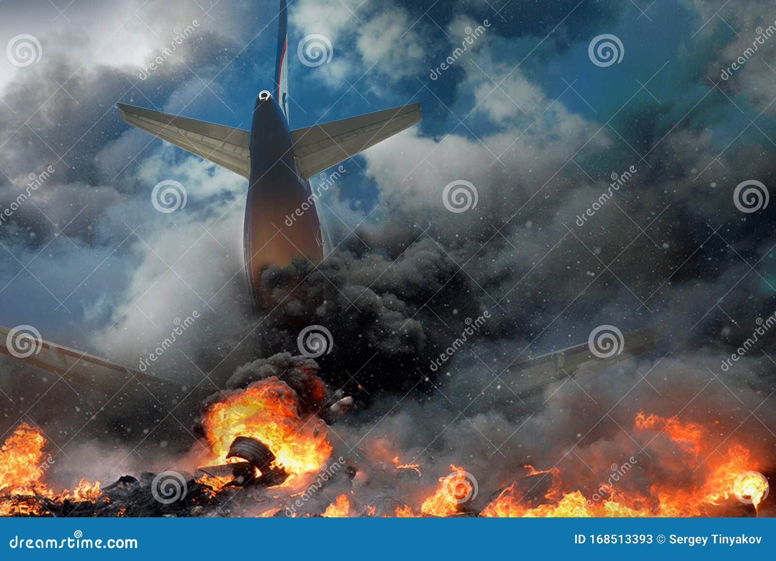 plane crash, plane on fire and smoke. fear of air travel concept